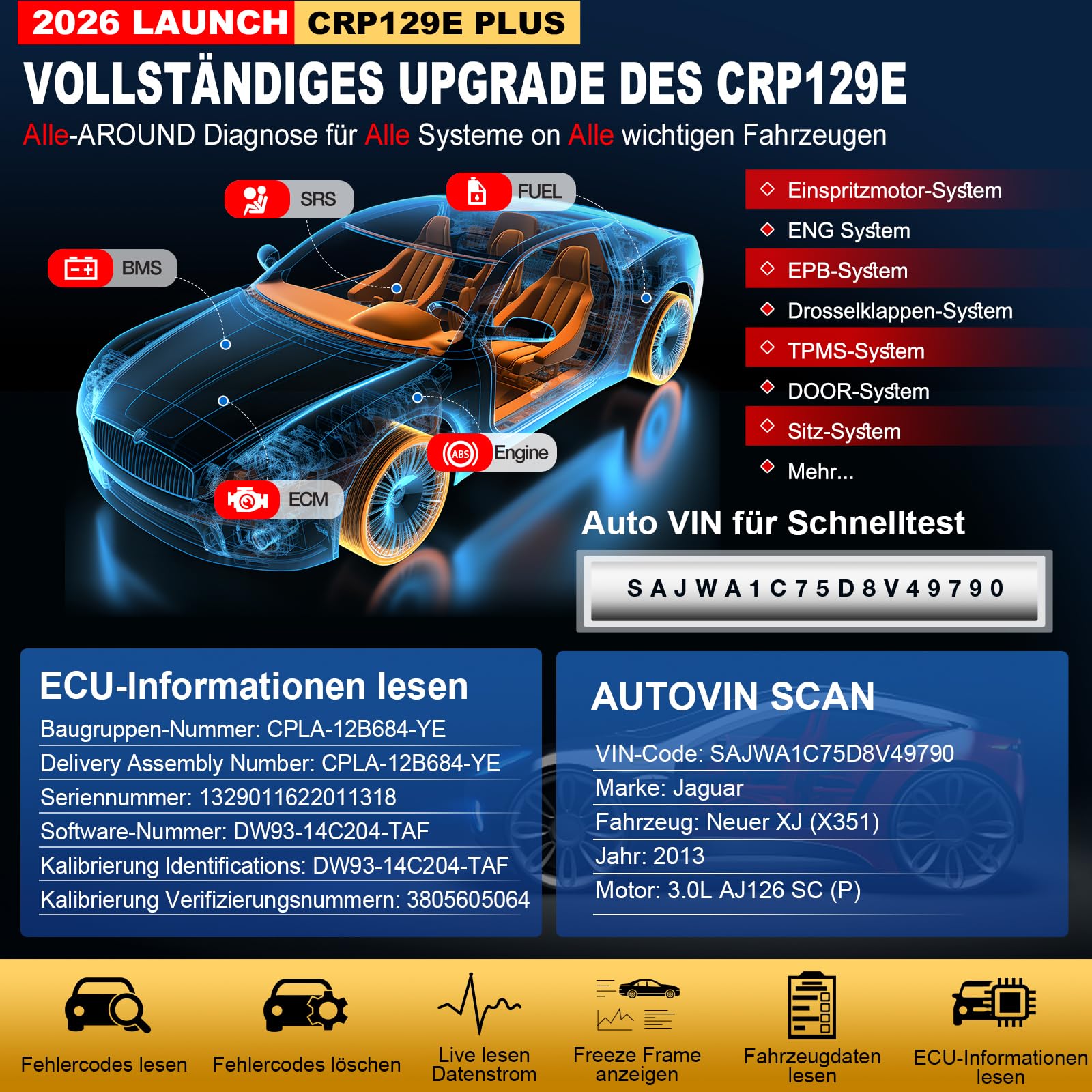 LAUNCH CRP129E Plus V3.0 OBD2 Diagnosegerät Alle System Scanner mit 12+ Reset, ABS/Einspritzdüsen-Codierung/Öl/Drosselklappe/EPB/DPF/SAS/TPMS Reset/Batterieabgleich, lebenslanges WiFi-Update