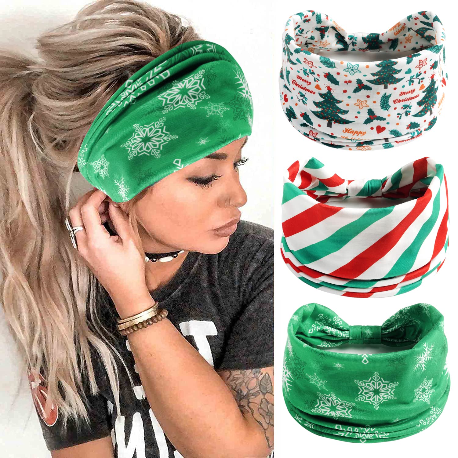 Ainuno Christmas Headbands for Women Green Christmas Tree Party Xmas Head Bands Workout Thick Party Bandana Winter Fashion Yoga Head Bands Hair Knotted Elastic Stretch Headwear Pack of 3