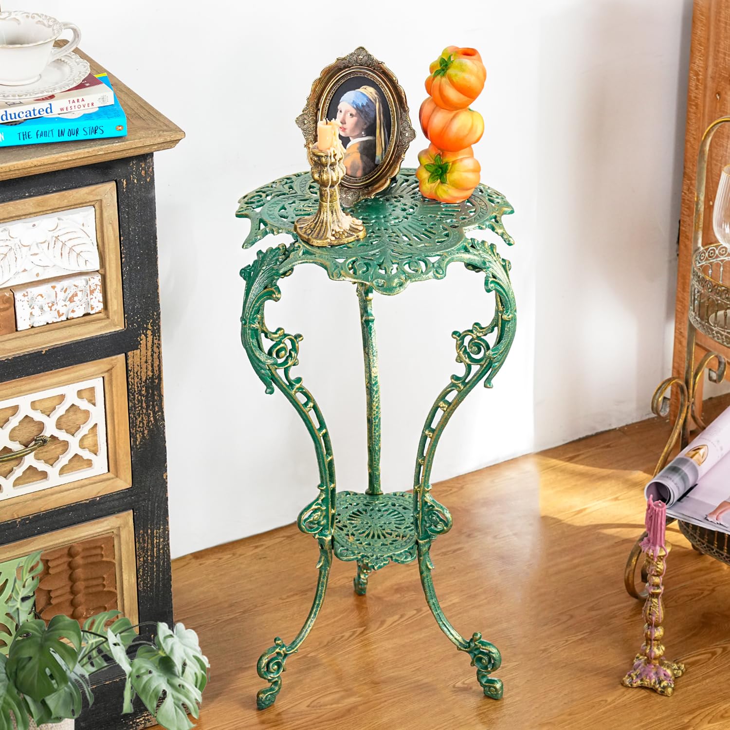 Sungmor Pflanzenständer aus Gusseisen im Vintage-Stil, kunstvoller grüner Standtisch für drinnen und draußen, 69,8 cm, antiker Metall-Blumentopfhalter, viktorianischer Stil, Pflanzenständer, Terrasse