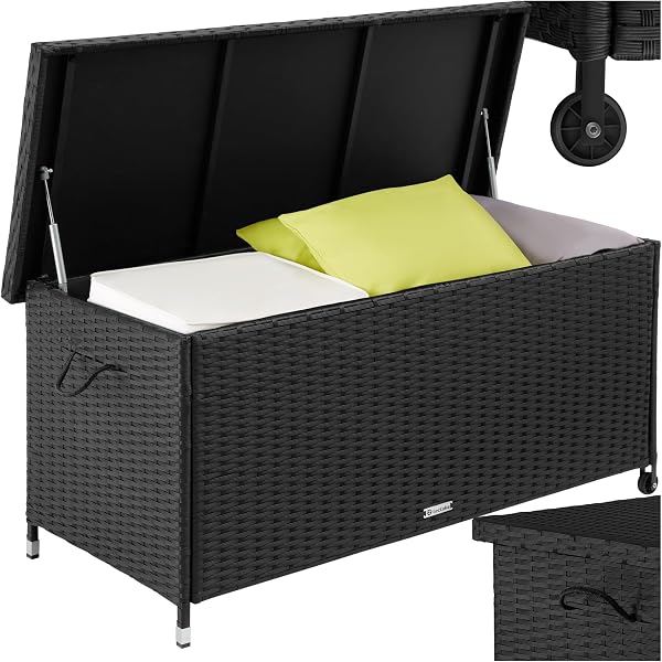 tectake® Coffre de jardin Exterieur, Coffre à Coussins 270 L en Aspect Rotin 120x55x61,5cm avec Roulettes, Couvercle Rabattable, Poignées pour Rangement des Outils de Jardin, Matelas, Jouets - 1