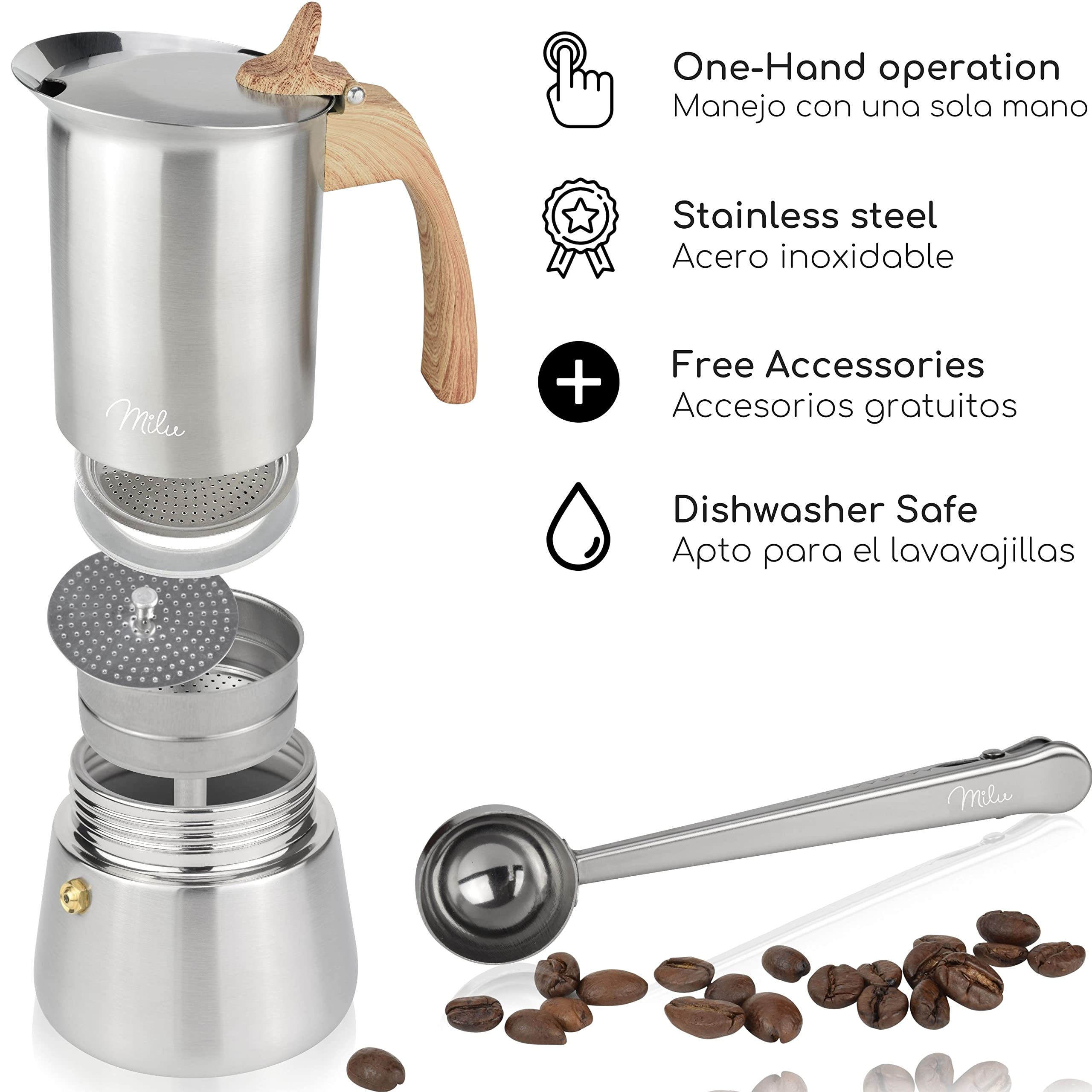 Milu Cafetera Italiana (2 Tazas sin inducción) 2 4 6 9 Tazas Cafetera Moka de Acero Inox Expresso Maker - Set comprensivo di sottobicchiere, cucchiaio, spazzola (Asa: Aspecto madera, 4 tazas (200ml))