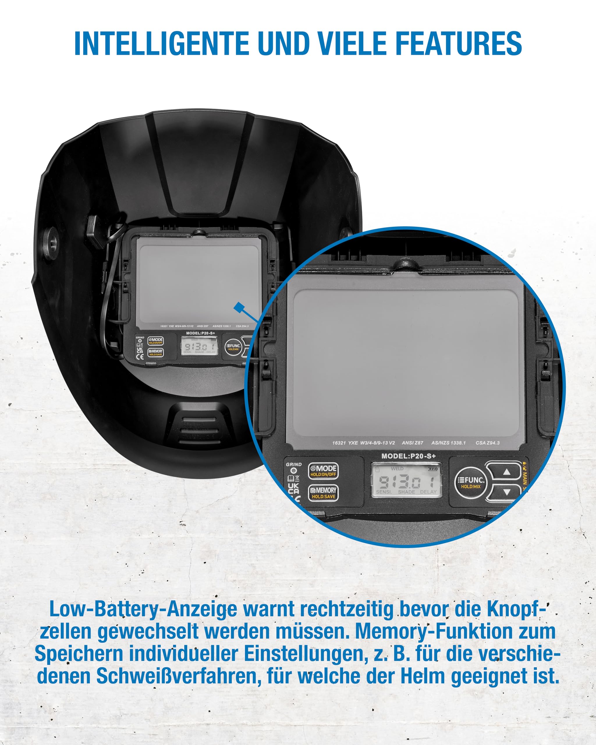 CFH Profi Automatik-Schweißhelm AS 843 – 4 Lichtsensoren, Memory-Funktion, Low-Battery-Anzeige, Sichtfeld 108 x 74 mm, UV/IR-Schutz DIN 16, für MMA, MIG, MAG, TIG, FLUX, PLASMA und Schleifen