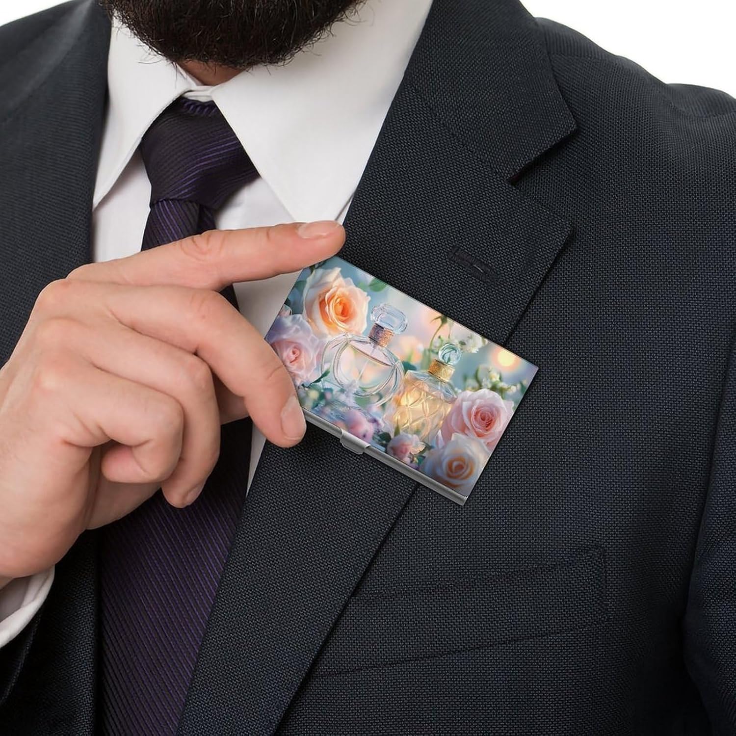Perfume Rose Floral Business Card Case Pocket Card Holder Slim Card Wallet for Men Women