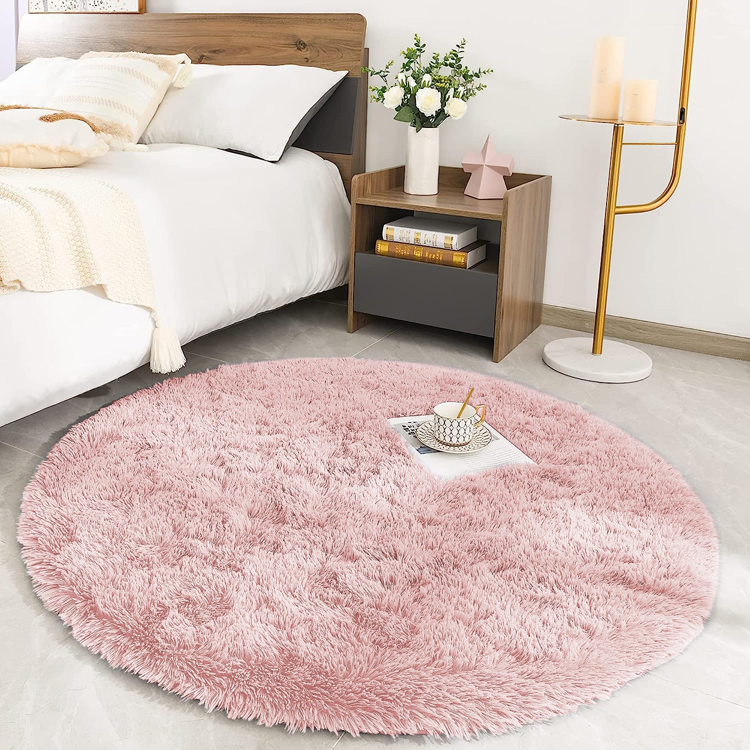 MOONLIGHT20015 Round Rugs Living Room, Fluffy Shaggy Pink Area Rugs for Bedroom 120x120cm Anti Slip