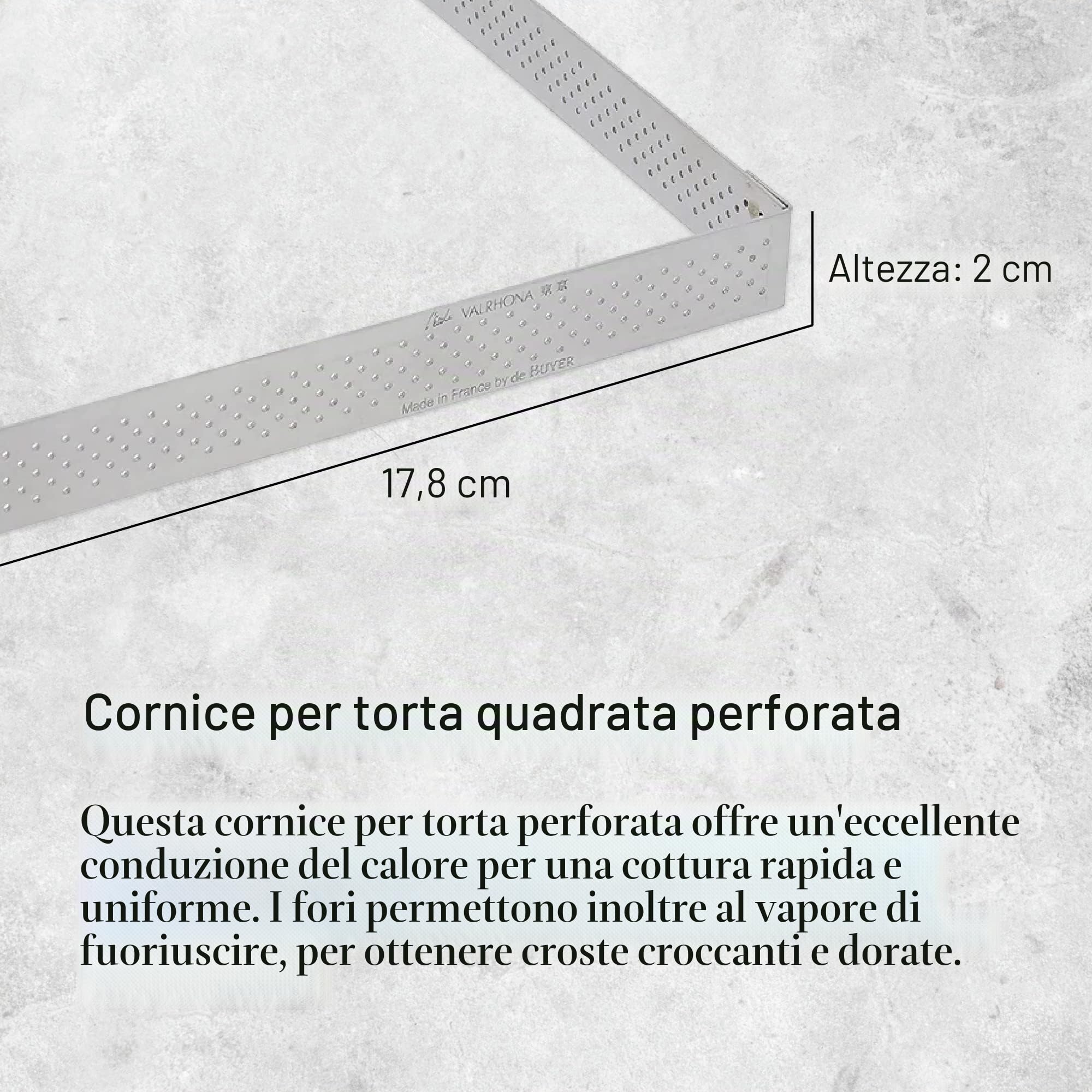 De Buyer Stampo quadrangolare in acciaio inox perforato con bordi dritti, lunghezza cm 20, 3099.22