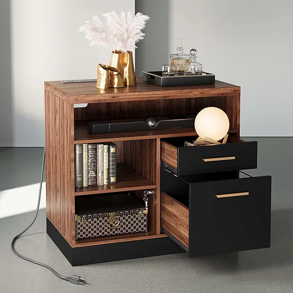 ModernMate 2 Drawer Wood File Cabinet, Filing Cabinet for Home Office with Lock, Power Strip, Storage Shelves, Lateral File Cabinet Fits Letter/A4 Size, Black Walnut