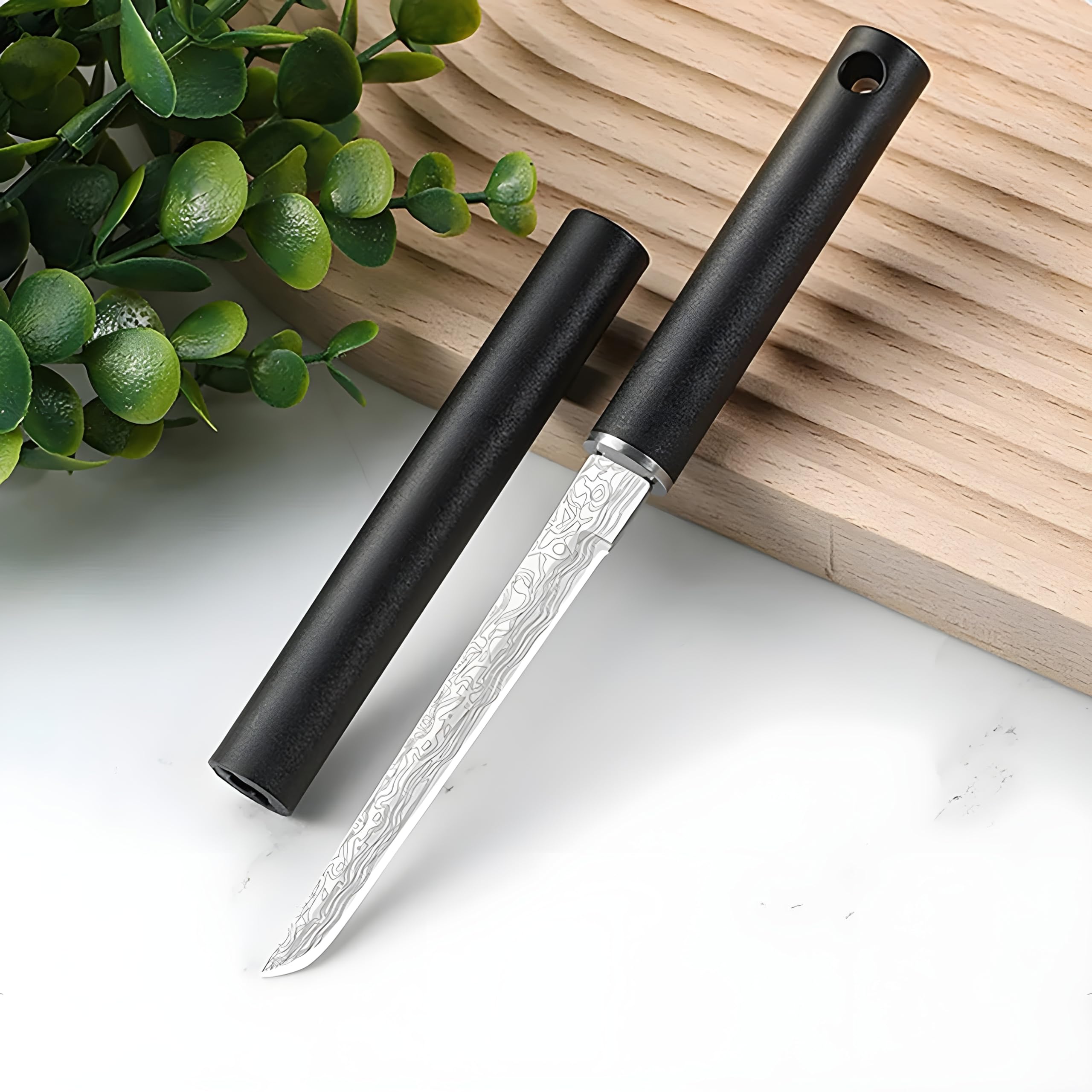 Wizbiz Premium Japanese-Style Utility Knife | Damascus Pattern Blade with Black Sheath | Slim Fixed Blade Kitchen EDC Use | Sleek Handle Design