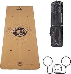 EKE Tapete de ioga de cortiça com linhas de alinhamento - superfície antiderrapante à prova de suor - materiais 100% recicláveis - Ecológico - ideal para ioga quente