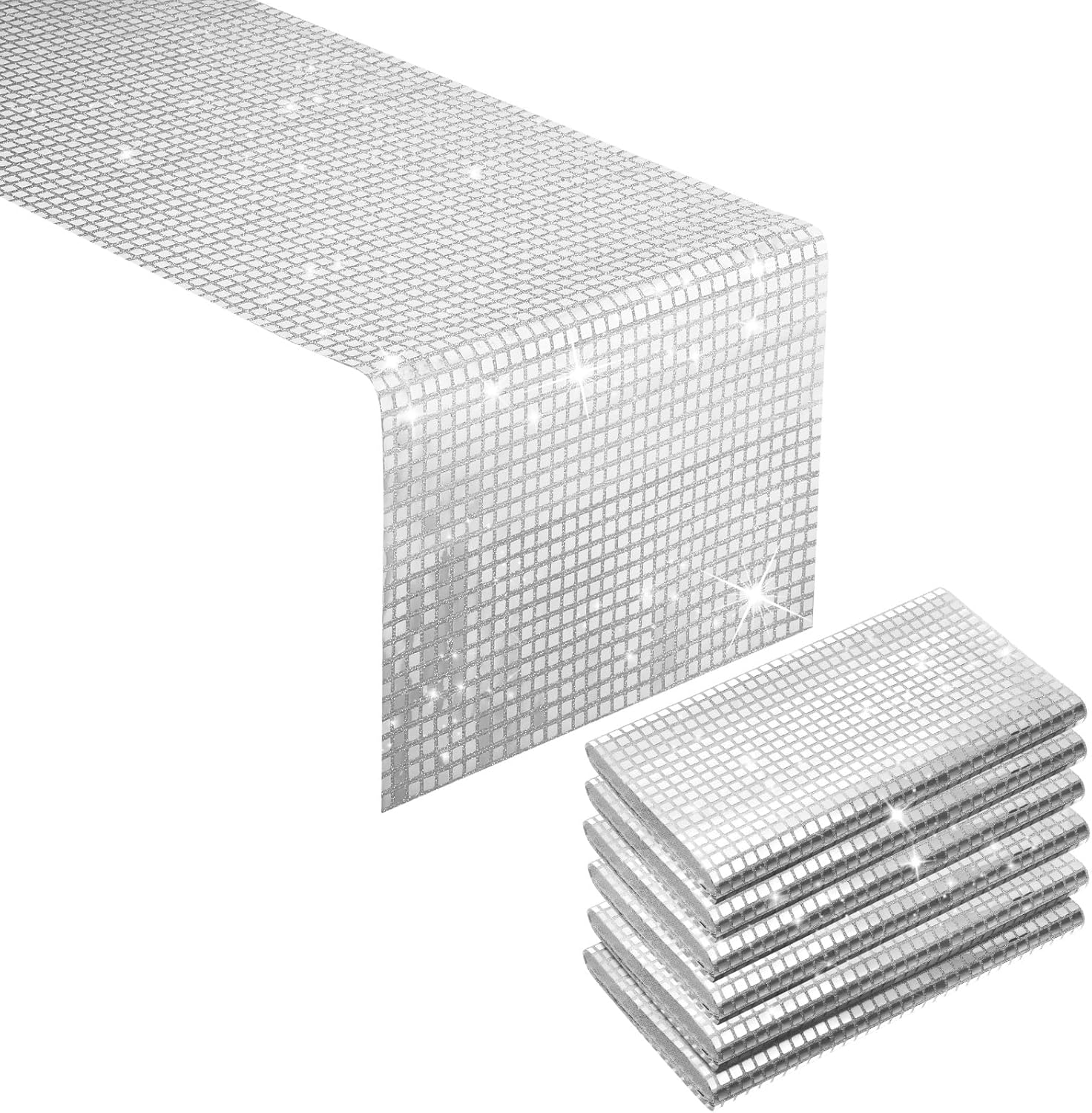 6-Piece Glitter Disco Table Runner, 13 x 108 Inches Silver Mirror Effect, Retro Table Decor for 70s 80s Theme Disco, Bachelorette & Dance Party 13"x108", 6pcs Silver