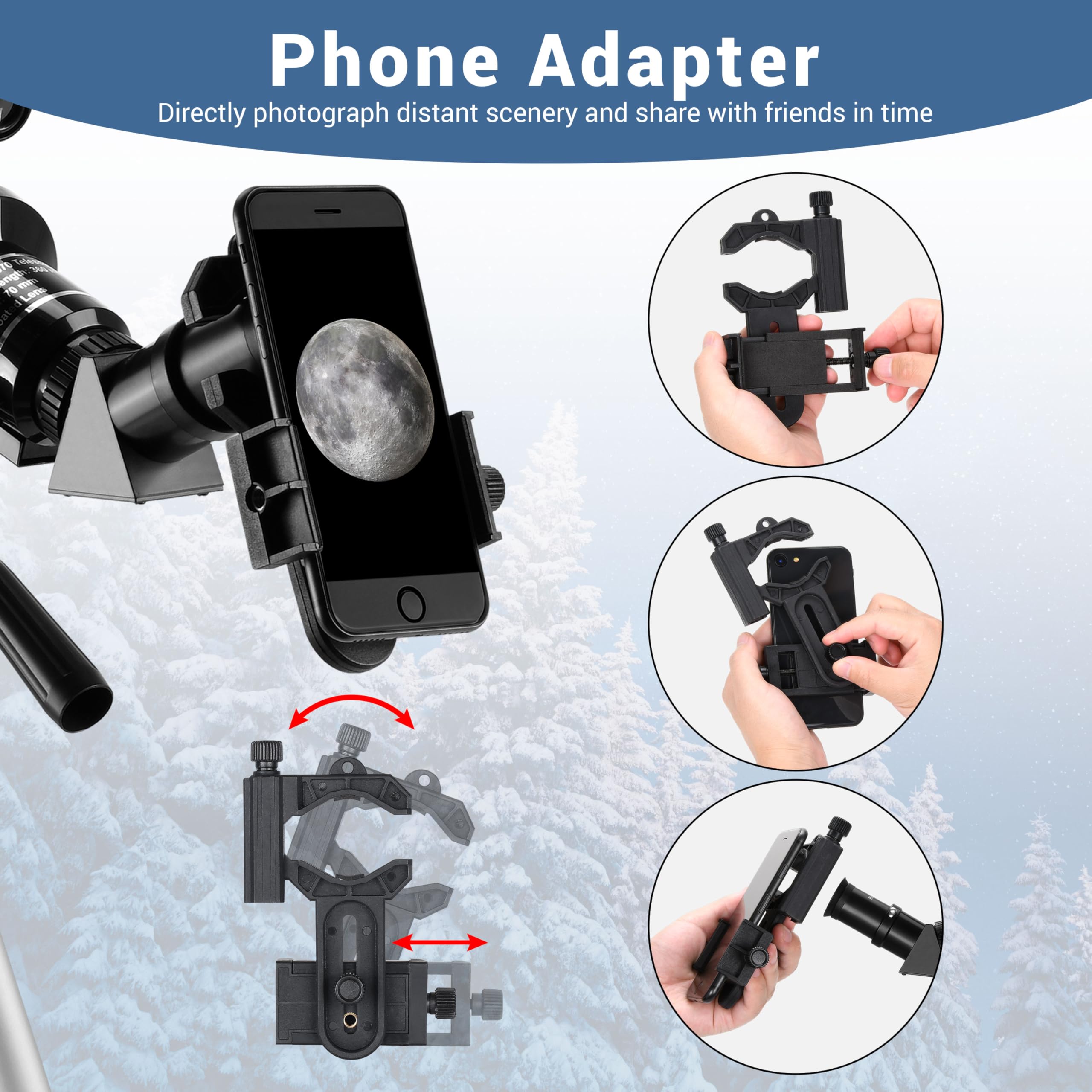 ESSLNB Télescope Astronomique 360/70 pour Adultes Débutants, avec Trépied Ajustable, Adaptateur Téléphonique, Lentille Barlow 3X et Filtre Lunaire, Idéal Observation Lune Planètes