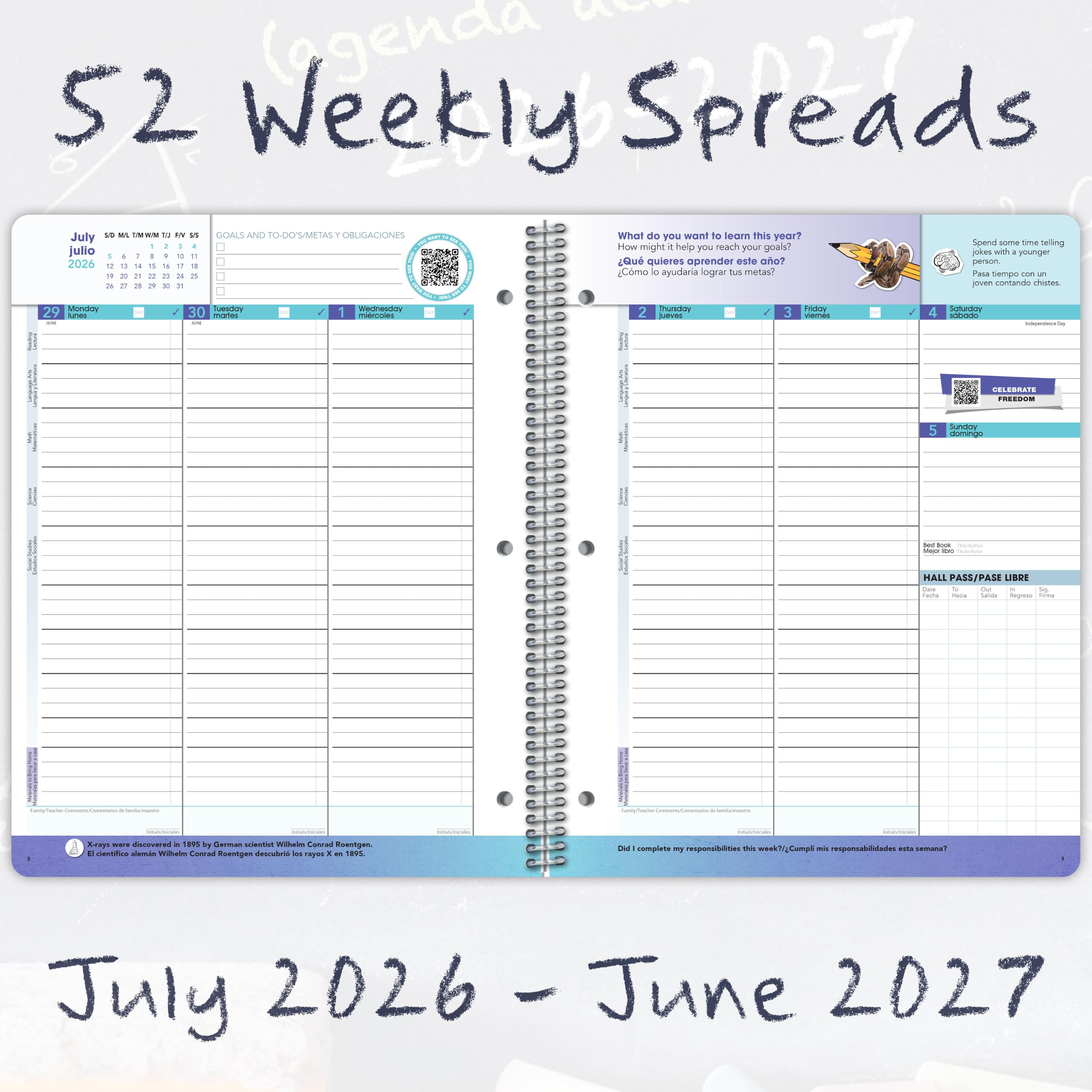 Agenda bilingüe para estudiantes de secundaria bilingüe para el año escolar académico 2026-2027, grande (8.5 x 11 pulgadas) con tapa de matriz media bilingüe clásica