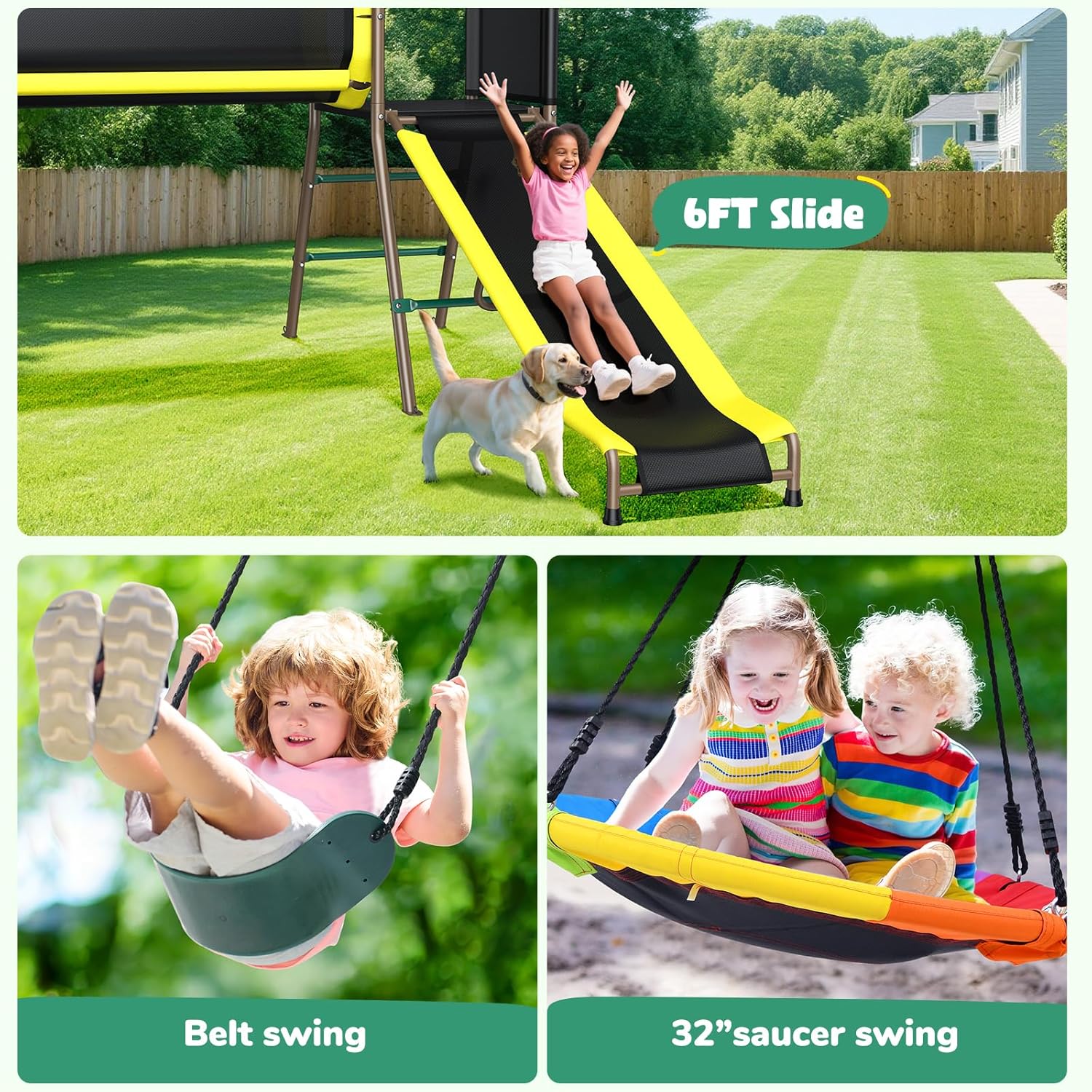 Children enjoying the 32-inch saucer swing and the 6-foot slide
