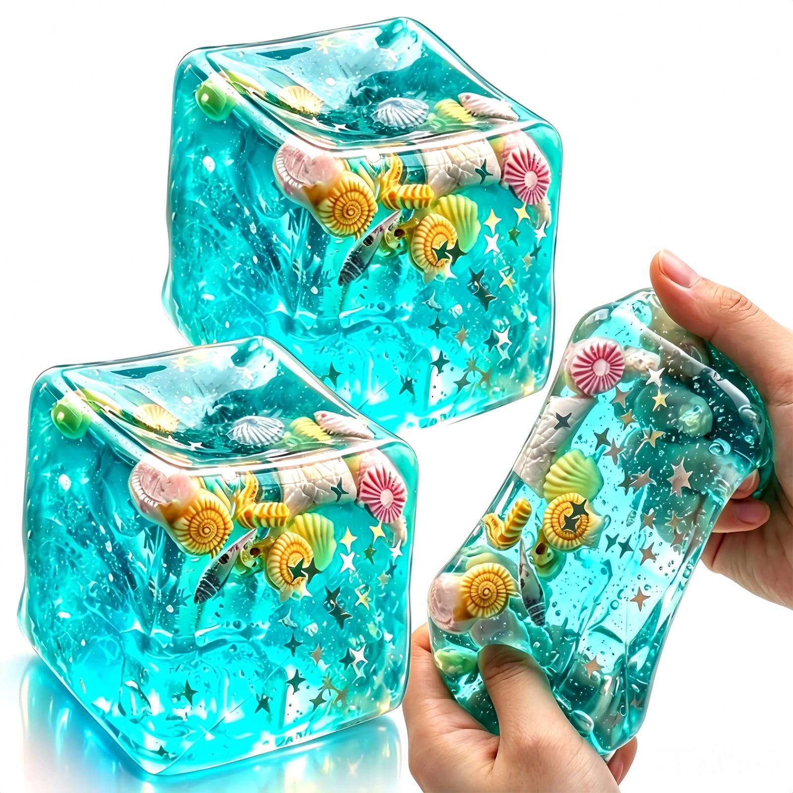 2 Pcs Ice Cube Stress Balls,Soft Slow Rise Squishy Sensory , Marine Shell Design, Squeeze Hand for Stress Relief and Focus, Stretchy Fidget Balls
