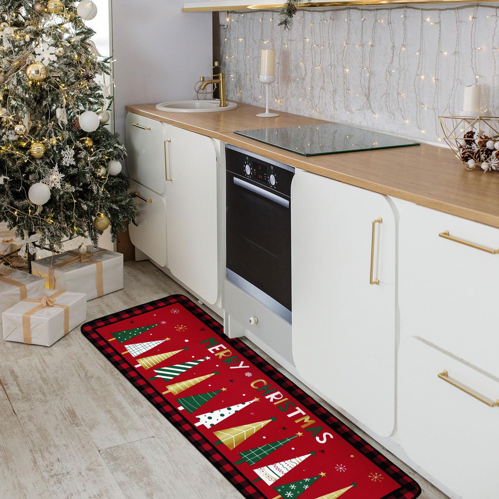 Bencailor Set of 2 Christmas Kitchen Rugs and Mats Merry Christmas Xmas Trees Floor Mat Non Slip Red Black Buffalo Plaid Doormat Home Holiday Kitchen Decor, 17 x 30 Inch, 17 x 47 Inch