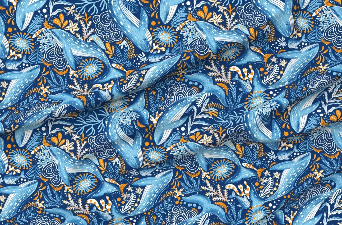 Spoonflower Fabric - Whale White Blue Orange Water Seaweed Nautical Printed on Organic Cotton Sateen Fabric by The Yard - Sewing Quilting Apparel Home Decor