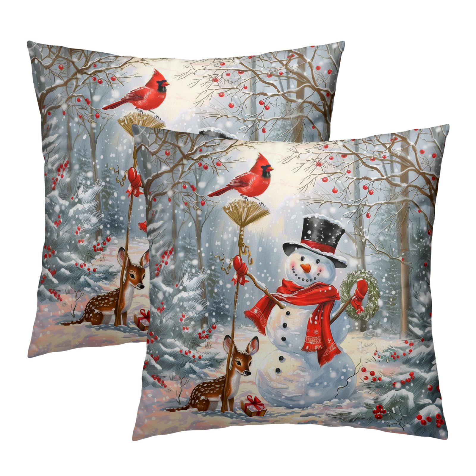Giwawa Winter Snowman Throw Pillow Covers 20x20 Inch Set of 2 Red Bird Berry Cushion Cover Seasonal Pillow Case for Sofa Couch Bedroom Decoration