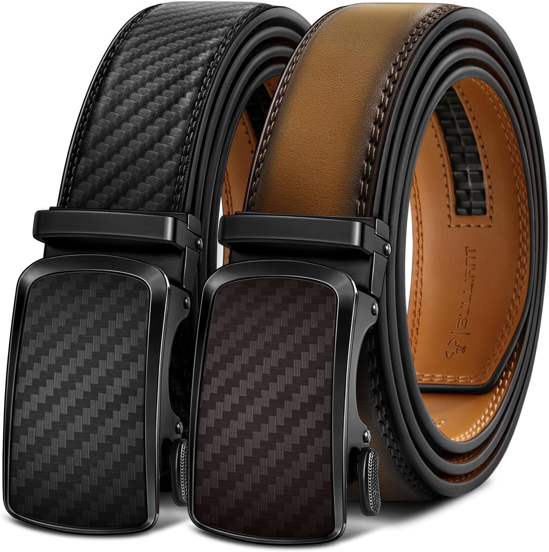 Men's Ratchet Leather Belt Trimmable 2Pack 1 3/8"-Gift Boxed