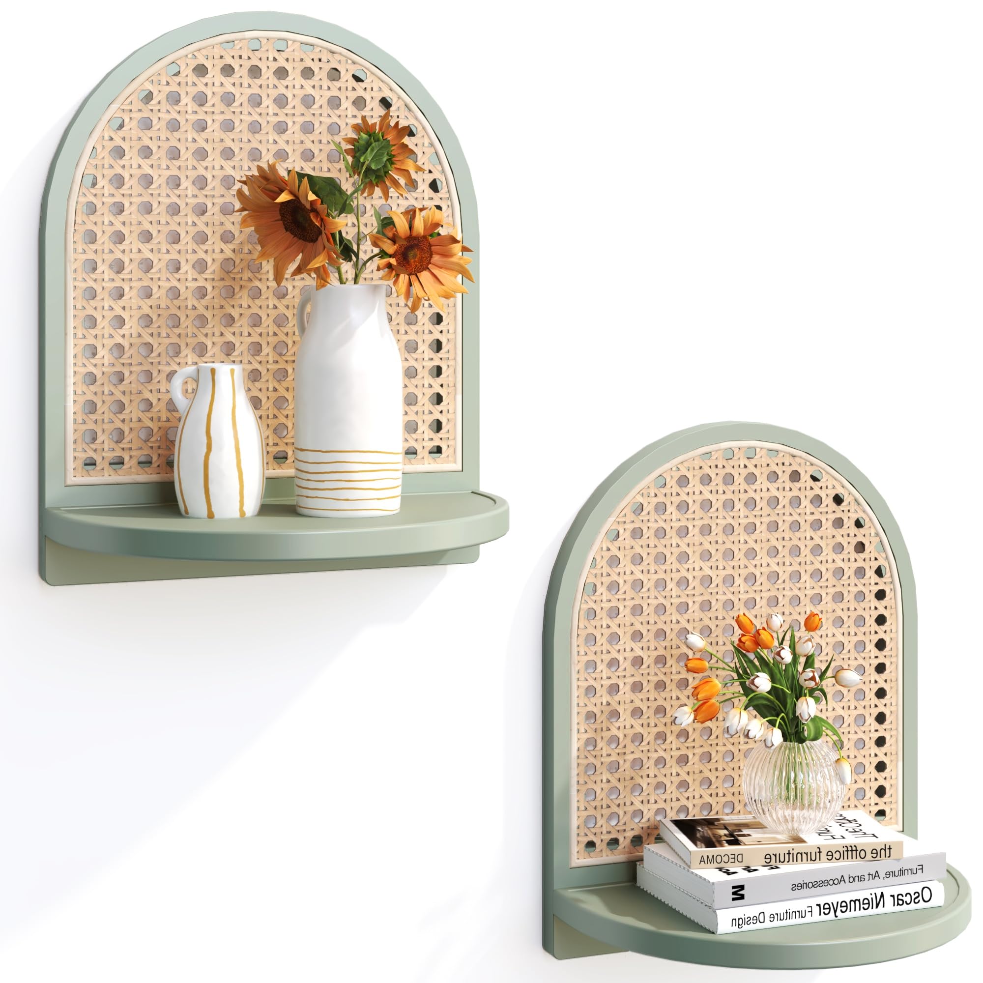 Arched Rattan Wall Shelf - Boho Rattan Floating Shelf with Grooved Edge, Unique Small Display Shelves, Natural Pine Wood Wall Decor for Bedroom, Living Room, Nursery Room, Set of 2, Green