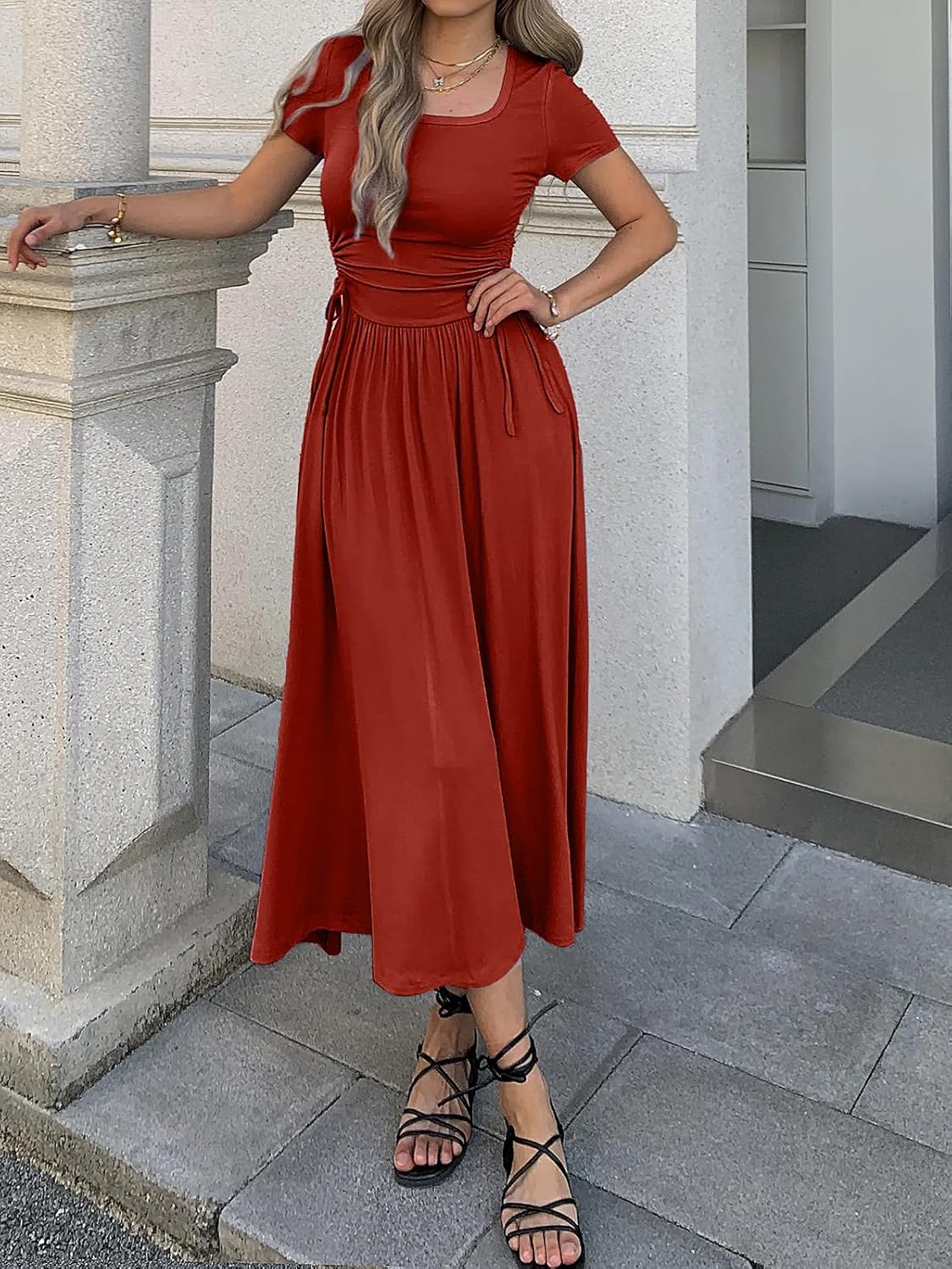 Women’s Short Sleeve Maxi Dress Bodycon Long Dress Adjustable Waist Flowy Hem Stretch Casual Dresses with Pockets - Image 3