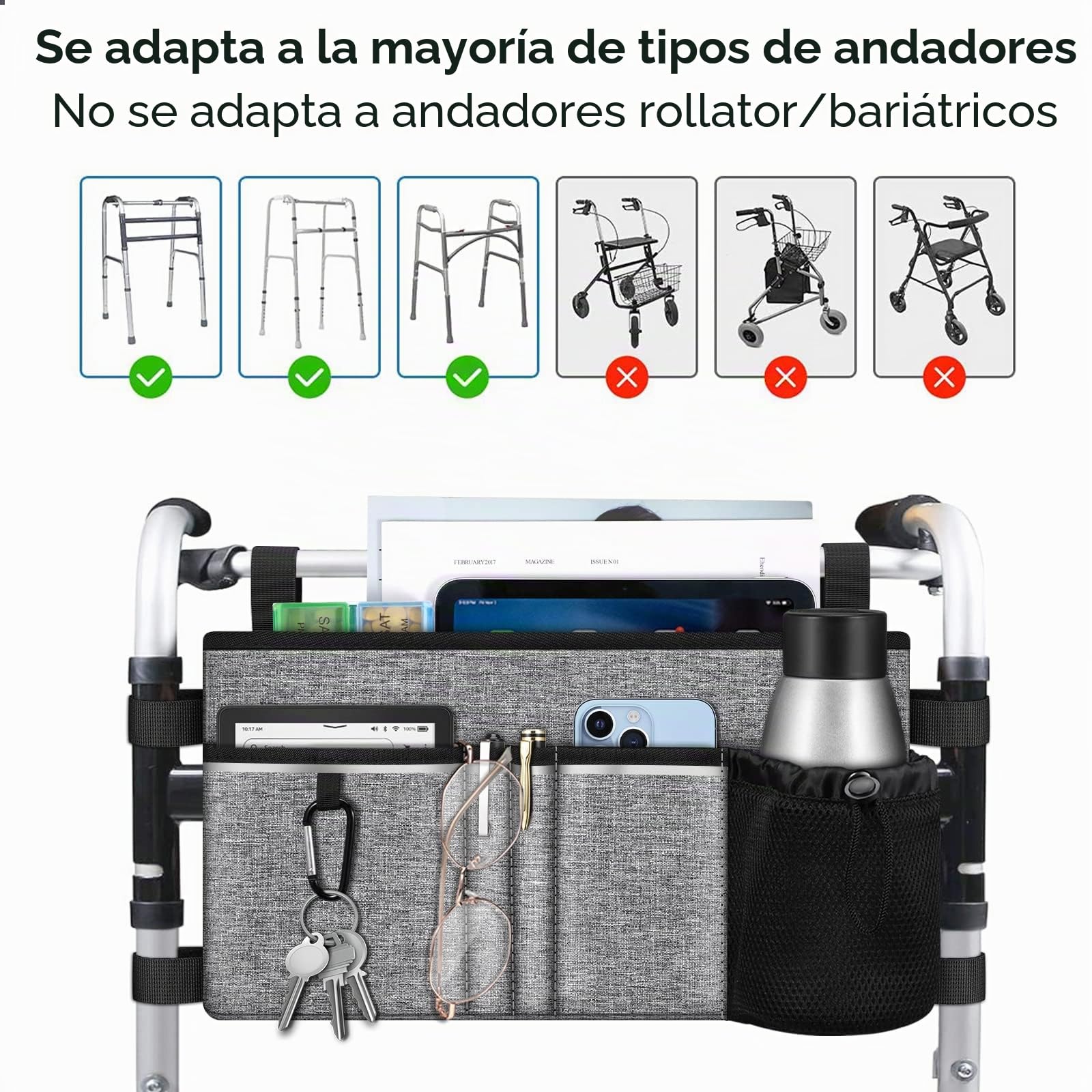 FINPAC Bolsa Andador con Portavasos, Grande Bolsa de Asas para Accesorio de Silla de Ruedas, Plegable Manos libres Organizador Walker Tote Bag para Ancianos, Senior,