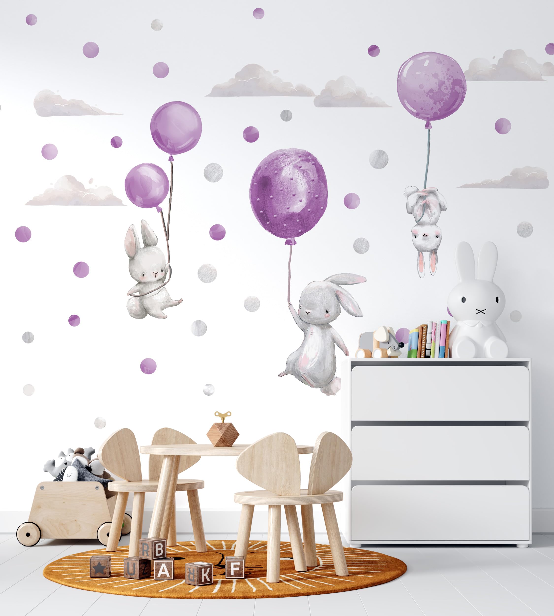 Sticker mural lapins poesi ballons violets decoration chambre bebe