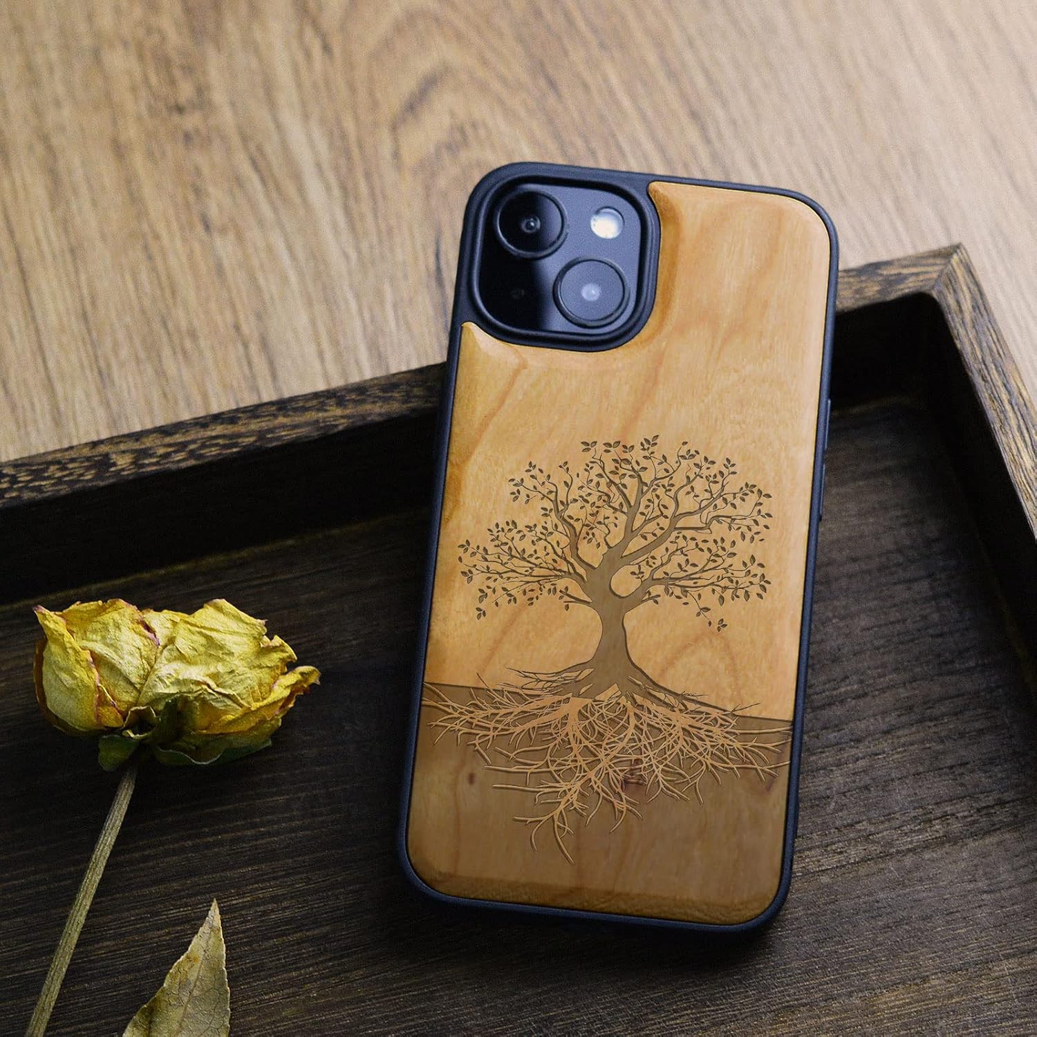 Carveit Magnetic Wood Case for iPhone 13 Case [Hard Real Wood & Black Soft TPU] Unique & Classy Wooden Shockproof Protective Cover Compatible with MagSafe (Tree with Roots -Cherry)