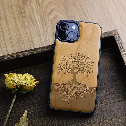 Miniatura 4 de Carveit Funda magnética de madera para iPhone 13 Mini, madera real dura y TPU suave negro, a prueba de golpes, funda de madera única y elegante