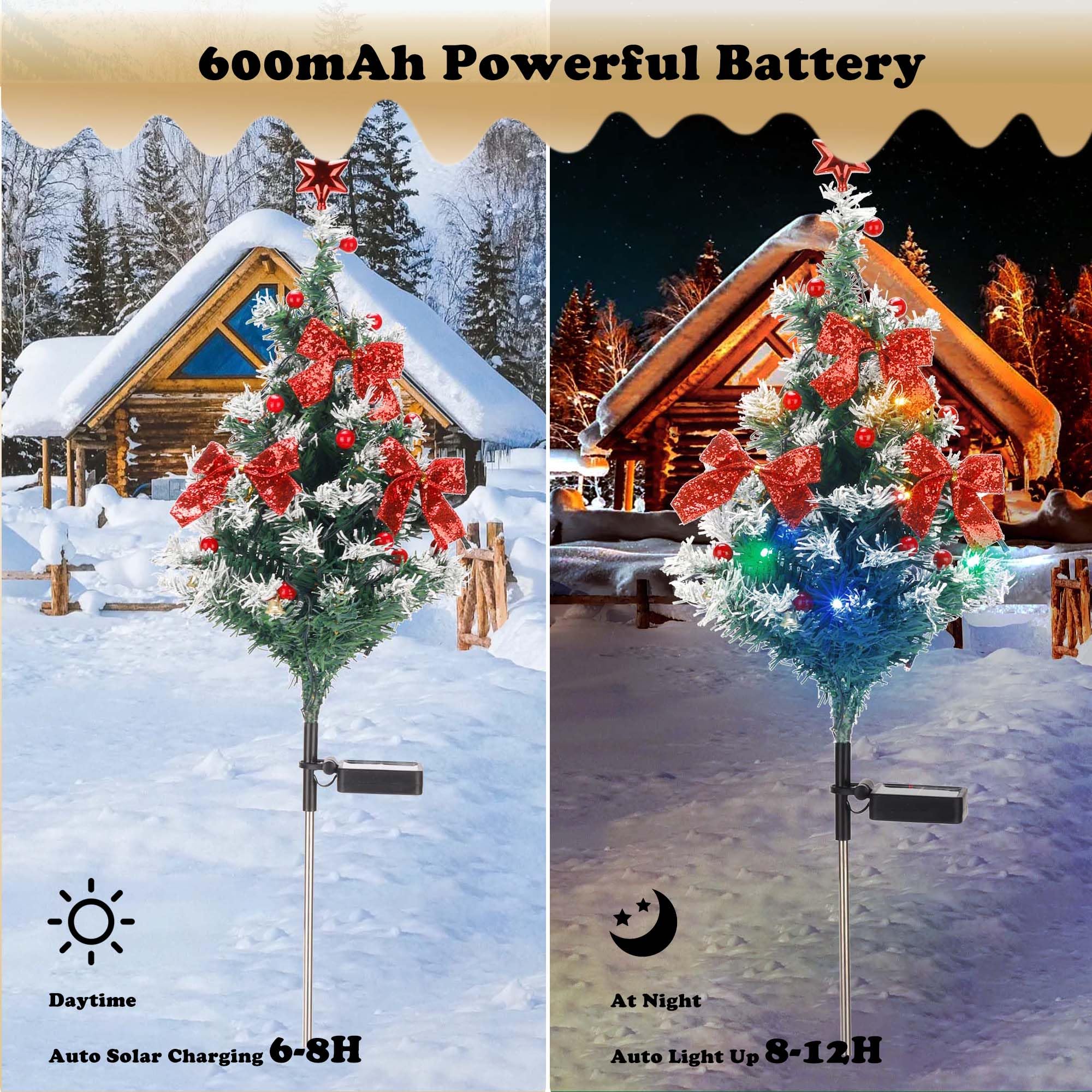 ULAROOM Solar-Weihnachtsbaum-Licht, wasserdicht, kleine Wegelichter, Außenbeleuchtung, Weihnachtsdekoration, Zedernholz, Weihnachtsbaum mit 20 LED-Lichtern in 4 Farben für Garten/Hof/Terrasse, 4