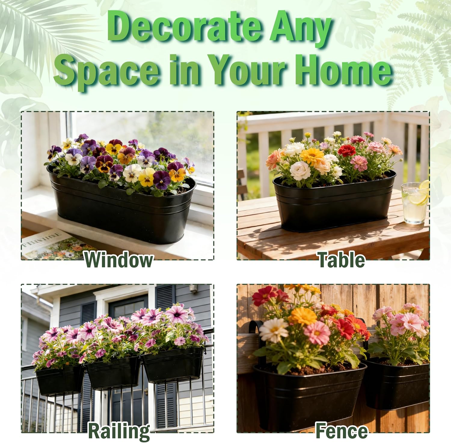 SYITCUN Metal Railing Planter Boxes 16 Inch, 3-Pack Adjustable Hanging Flower Pots for Balcony, Deck, Porch & Fence, Detachable Hook Design, Black Heavy Duty Planters for Outdoor