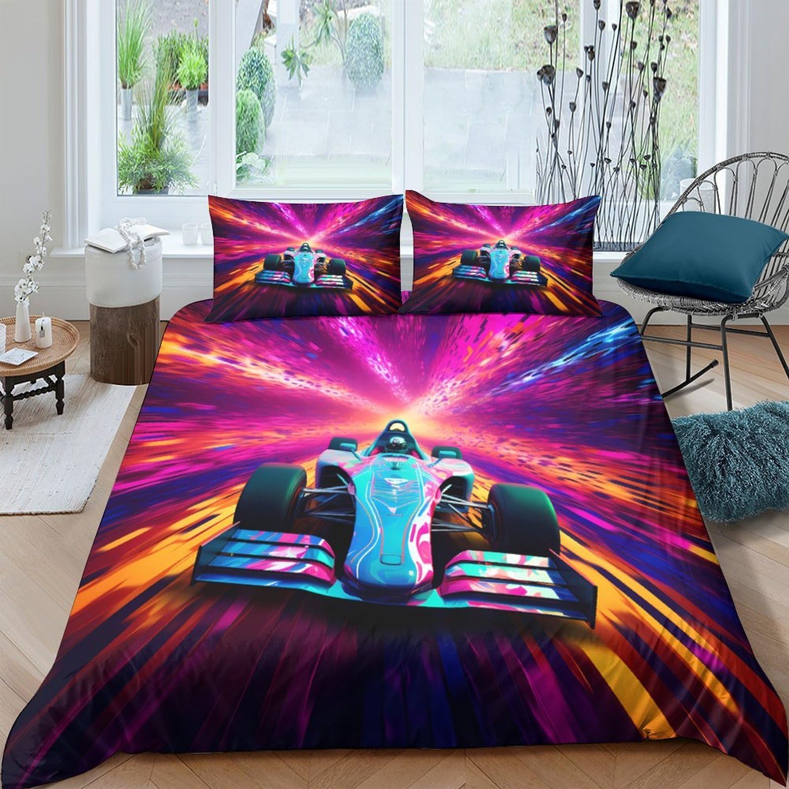 Ctjqhvkz Style-5 3D Printed Neon Racing Car Fitted Sheet Microfiber Soft Breathable Futuristic Track Bed Cover For Bedroom Dorm Decor Single（135X200cm）