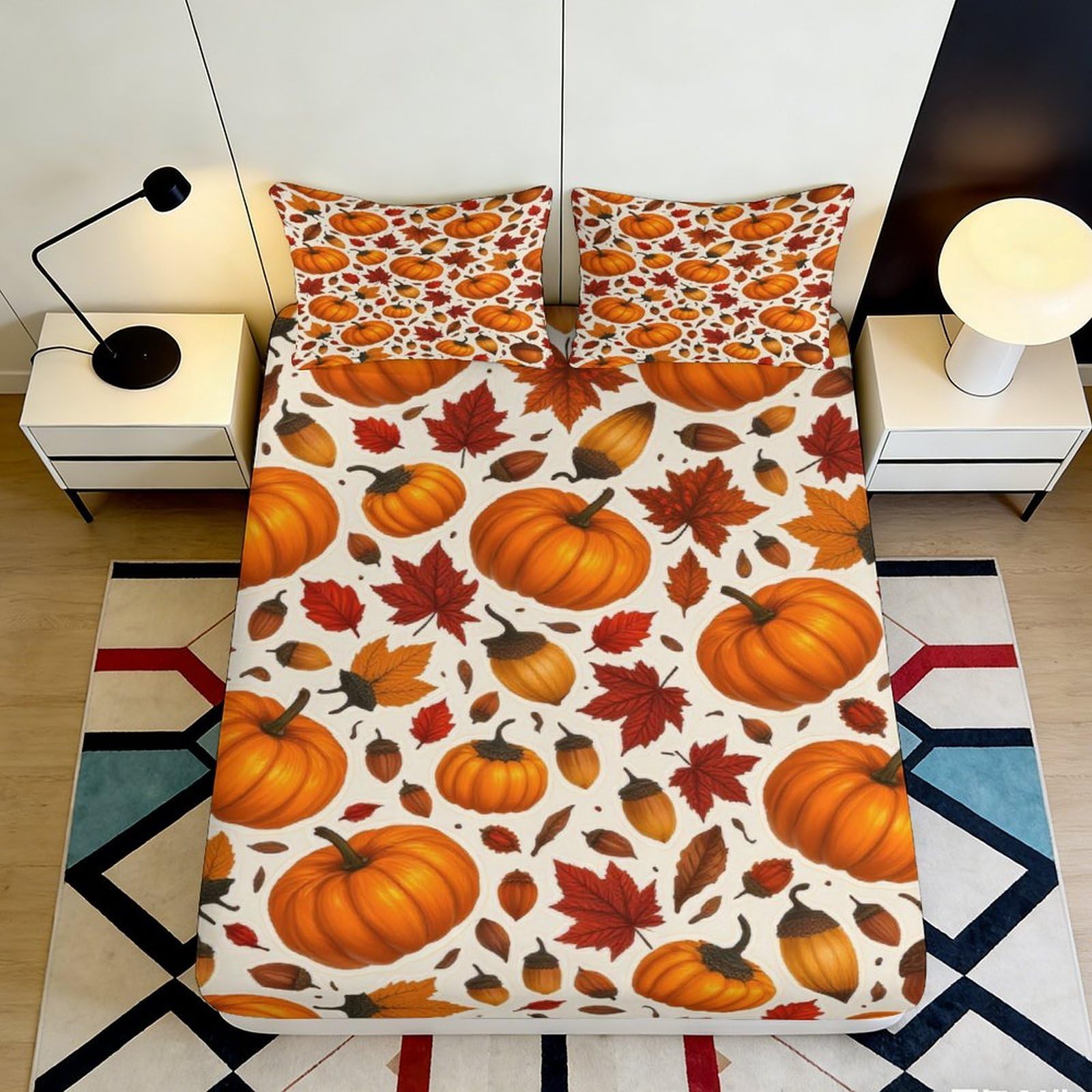 Pnayamiorkfel Style-3 3D Printed Pumpkin Autumn Leaves Fitted Sheet Microfiber Soft Breathable Acorn Bed Cover For Bedroom Guest Room Decor 90X200x25cm