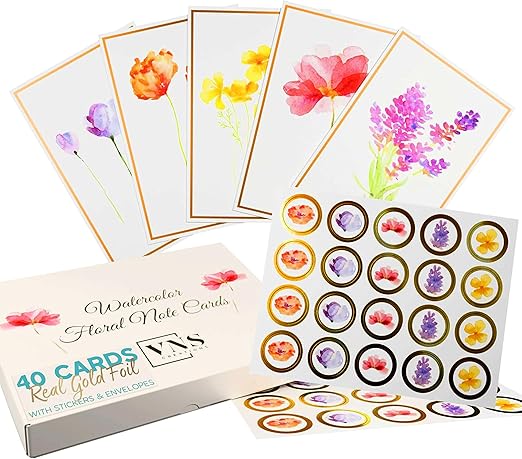 VNS Creations 40 Pack Blank Cards With Envelopes - 4x6 Plain Elegant Floral Stationery Note Sets with Envelope - Watercolor Flowers Greeting Blank Note Cards Assortment Box for All Occasions