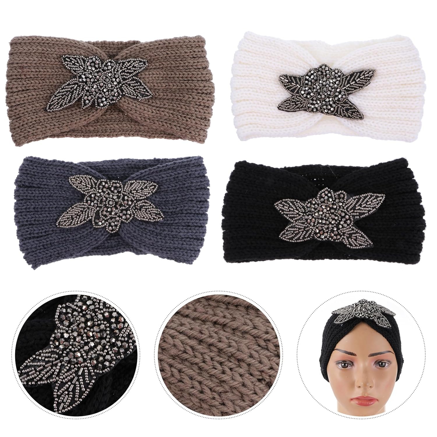 Beavorty 4Pcs Knitted Winter Headbands for Women with Rhinestone Diamond Accents - Soft Elastic Hair Straps for Makeup Face Washing and Outdoor Use