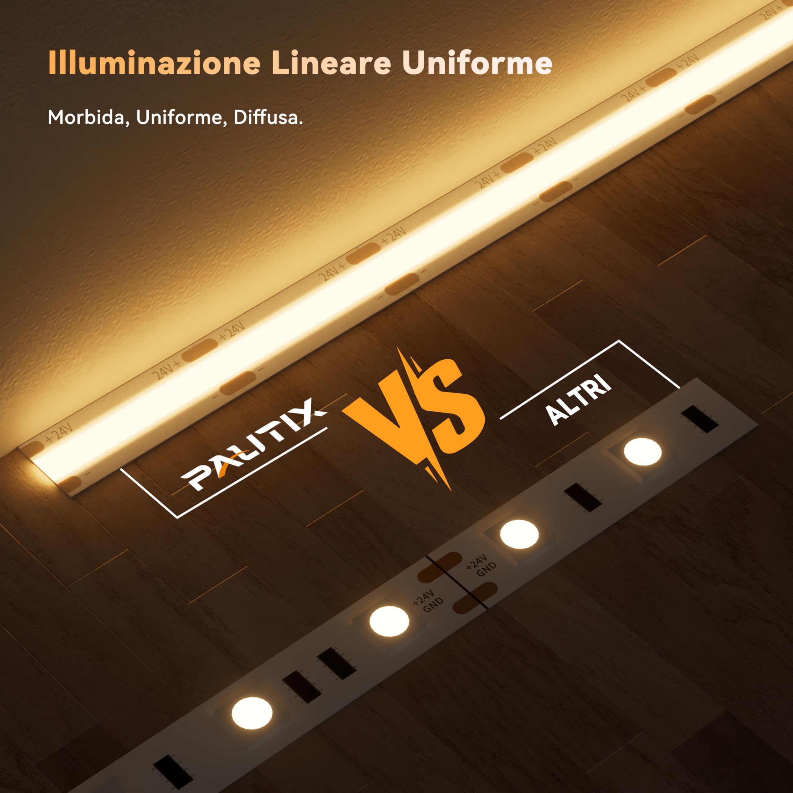 PAUTIX WiFi Striscia LED COB IP65 Impermeabile 5M Bianco Caldo 2700K,24V Regolabile Smart LED Strip Lights Compatibile con Alexa/Tuya per Illuminazione domestica(Alimentatore/Dimmer Non Impermeabili)