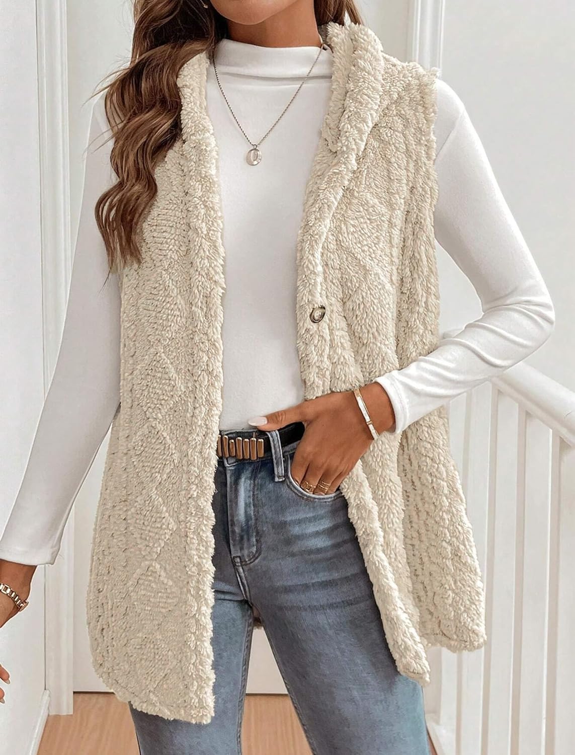 ZAFUL Long Vest for Women Sleeveless Button Down Plush Hooded Vest Winter Outerwear Vest Coat - Image 4