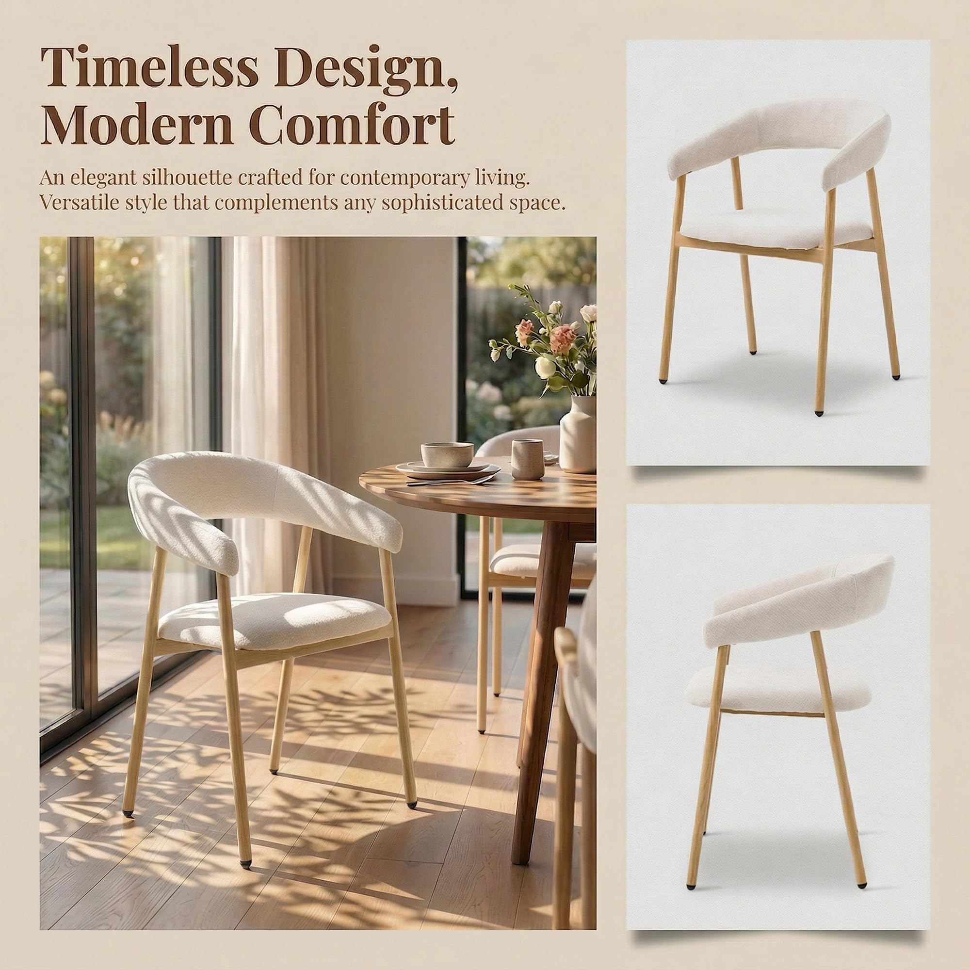 Modern Dining Chairs Set of 4 Ergonomic Chenille Upholstered with Armrest and Curved Back Kitchen Chair Metal Legs with Wood Grain Beige (2, Beige-oak color)