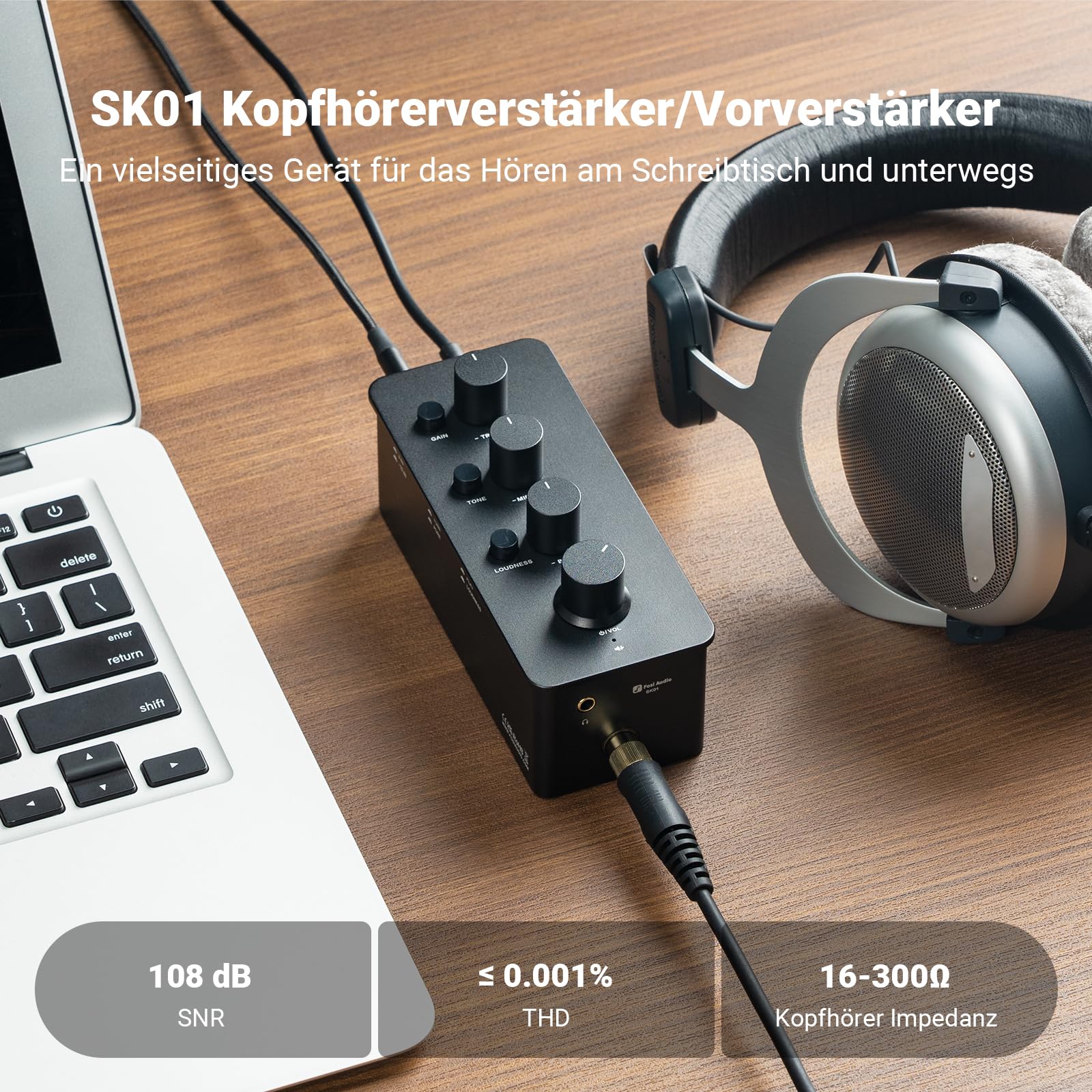 Fosi Audio SK01 Hi-Fi Kopfhörer-Verstärker, Equalizer Vorverstärker mit Bass Mittel Höhen Klangregler & Loudness-Kompensation, tragbarer Klass-A Analog Verstärker für 3,5mm & 6,35mm Buchsen E Gitarre