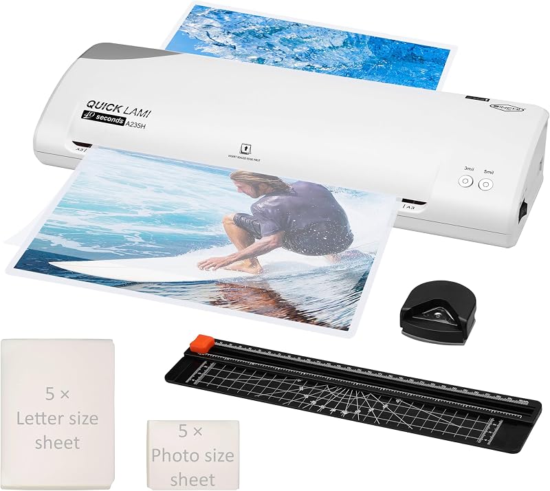13-Inch Thermal Laminator Machine, 3–5 Mil, 40s Warm-Up, 20"/Min, Jam Release, Auto Shutoff, All-in-One Kit with 10 Pouches, Trimmer & Rounder, Cleaning Paper, Ideal for Home, Office, School