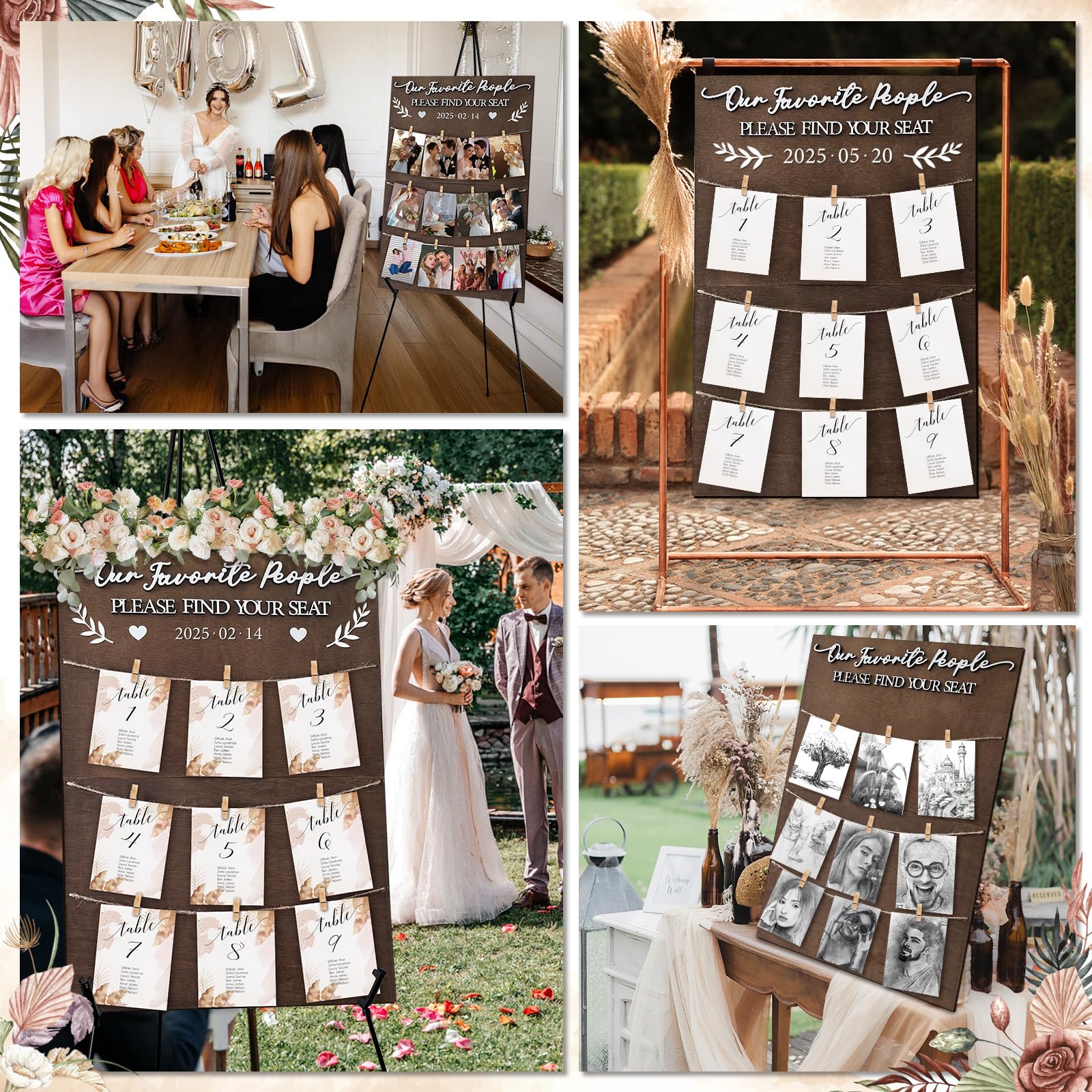 OurWarm Sitztafel aus Holz für Hochzeitsempfang, 60 x 40 cm | Sitztafel aus Holz, rustikales Design mit Holzklammern und Juteschnur für Hochzeiten, Babypartys