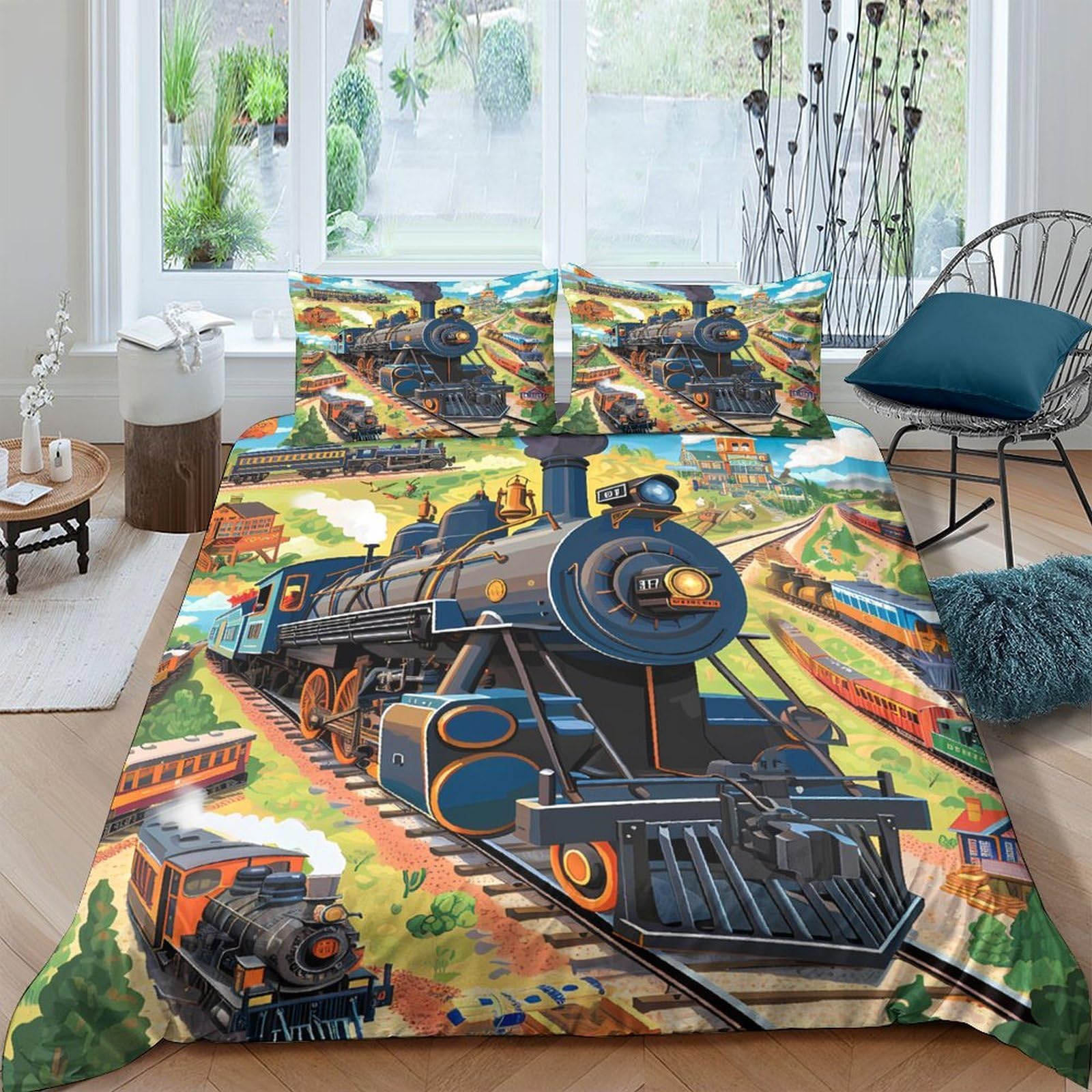 Ctjqhvkz Style-10 3D Printed Steam Train Fitted Sheet Microfiber Vibrant Track Railway Bed Cover For Bedroom Dorm Mattress Decor Single（135X200cm）