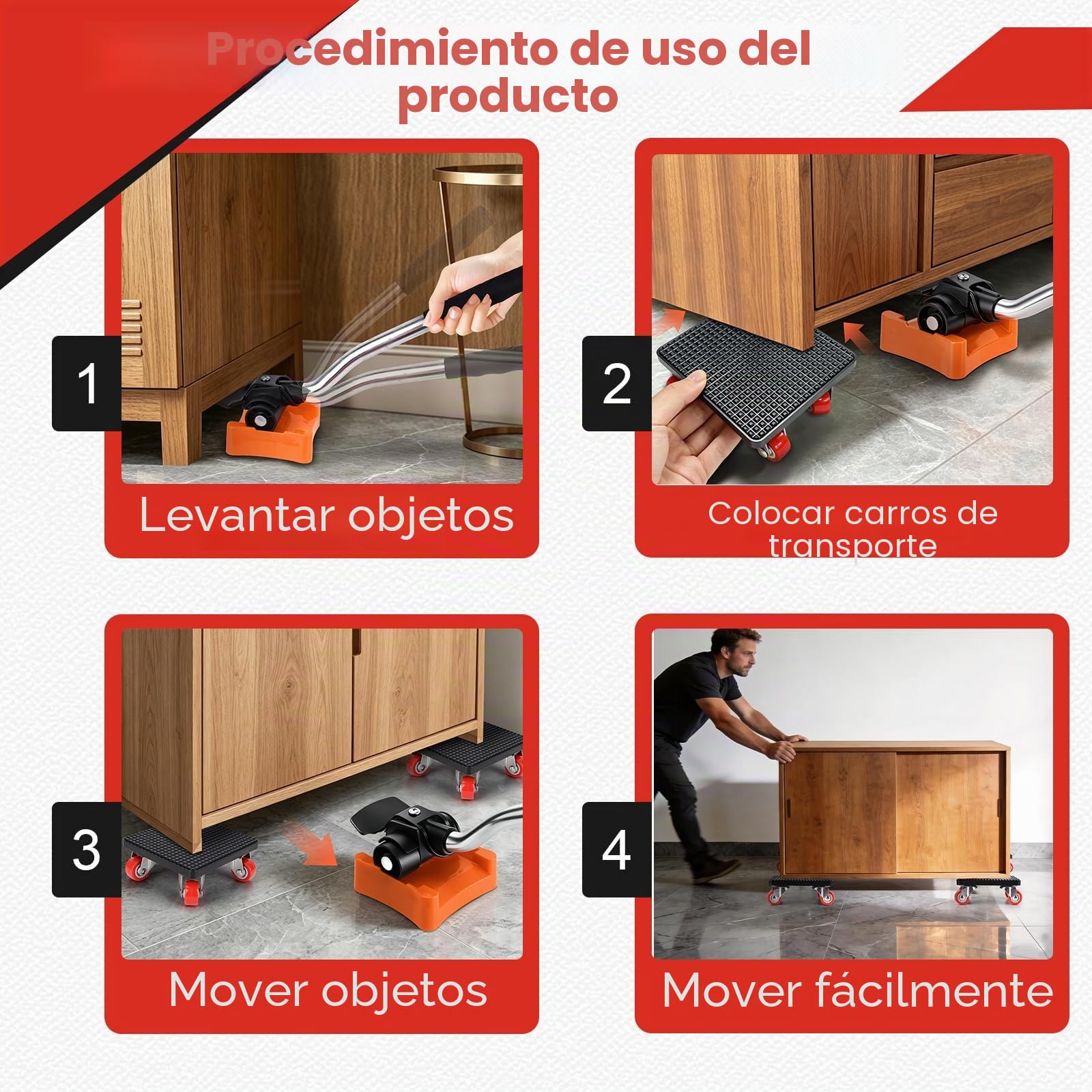 Juego Profesional de Transporte de Muebles, Elevador de Muebles de Servicio Pesado con 4 Ruedas de Transporte, 1 Soporte de Elevación, 4 Reguladores de Altura, Giratorio 360° para Transporte