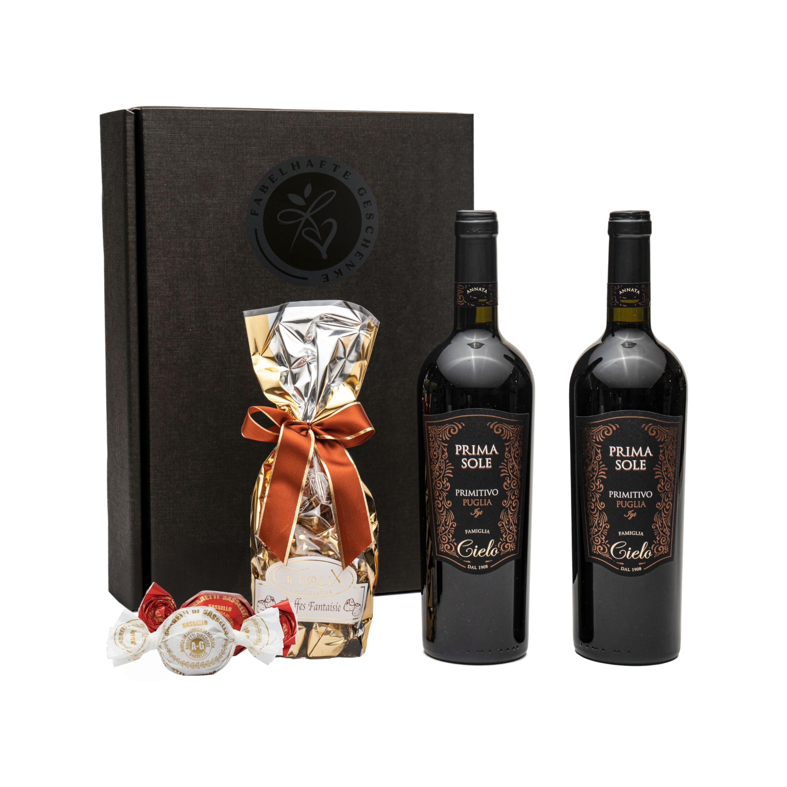 Geschenkset Rotwein Primitivo mit feinsten Schokoladentrüffeln und Amaretti | Ein Weingeschenk für Männer & Frauen zu Geburtstag, Hochzeit, Weihnachten, Jubiläum