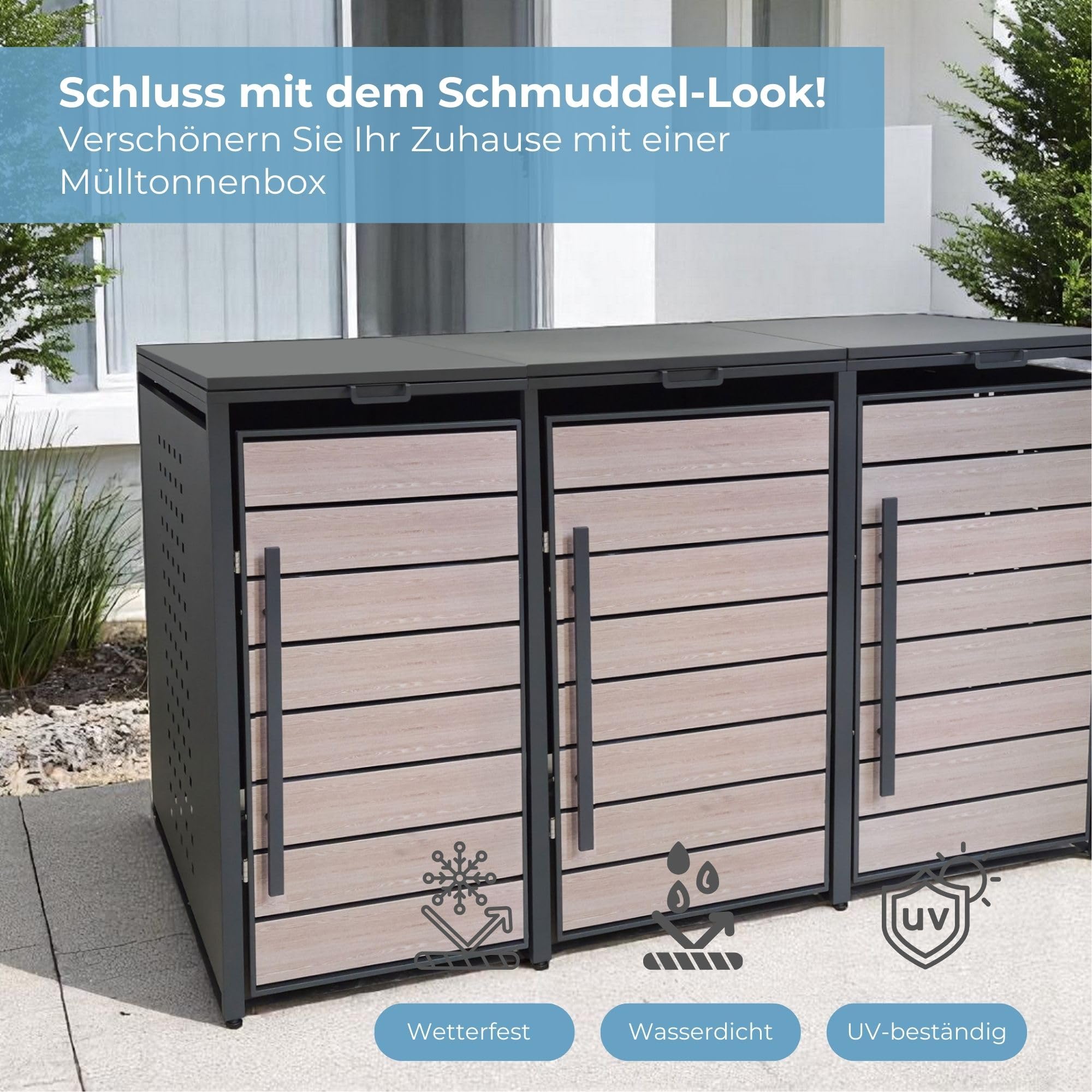 Mülltonnenbox 3 x 240L Mülltonnen oder Kleiner in Anthrazit & Holzoptik | Müllcontainer für 3 Tonnen wetterfest abschließbar | Abfallbehälter | Tonnenhaus | Müllbox