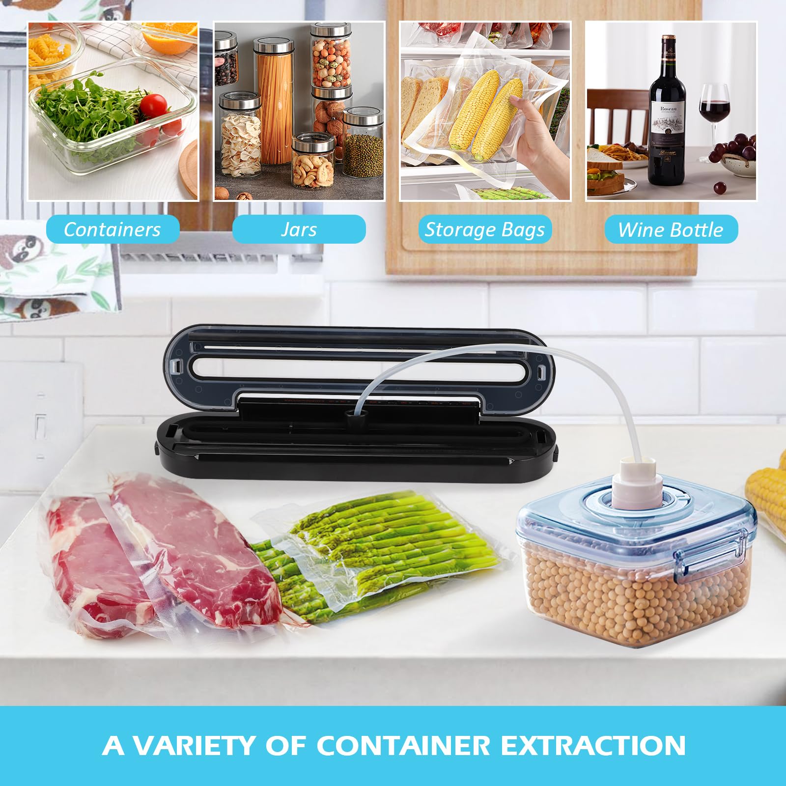 Qivine Envasadora al Vacio Domestica, 5 en 1 Embasadoras Selladora Bolsas de Plastico para Alimentos, Húmedos y Secos Cocina Maquina Envasar al Vacio con Cortador de Película