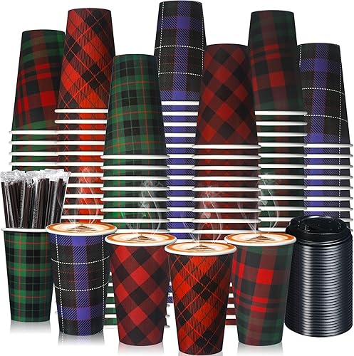 Uiifan Paquete de 50 tazas de café de Navidad de 16 onzas, vasos desechables de copos de nieve negros y dorados, vasos de papel de Feliz Navidad con