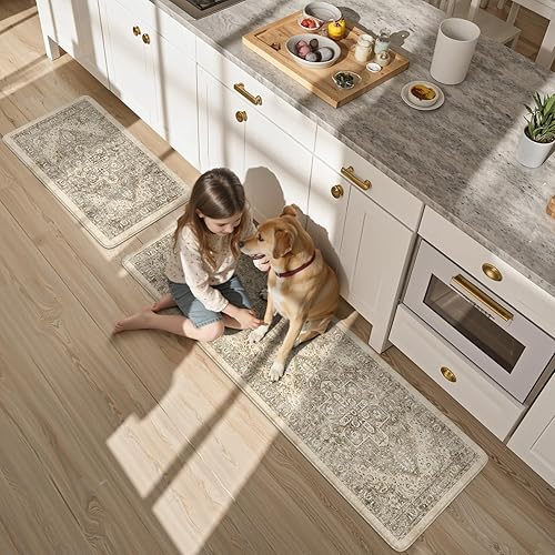 Vista 158 de KIMODE - Juego de 2 tapetes de cocina antifatiga, estilo vintage, antideslizantes, impermeables, ergonómicos, acolchados, cómodos para lavandería