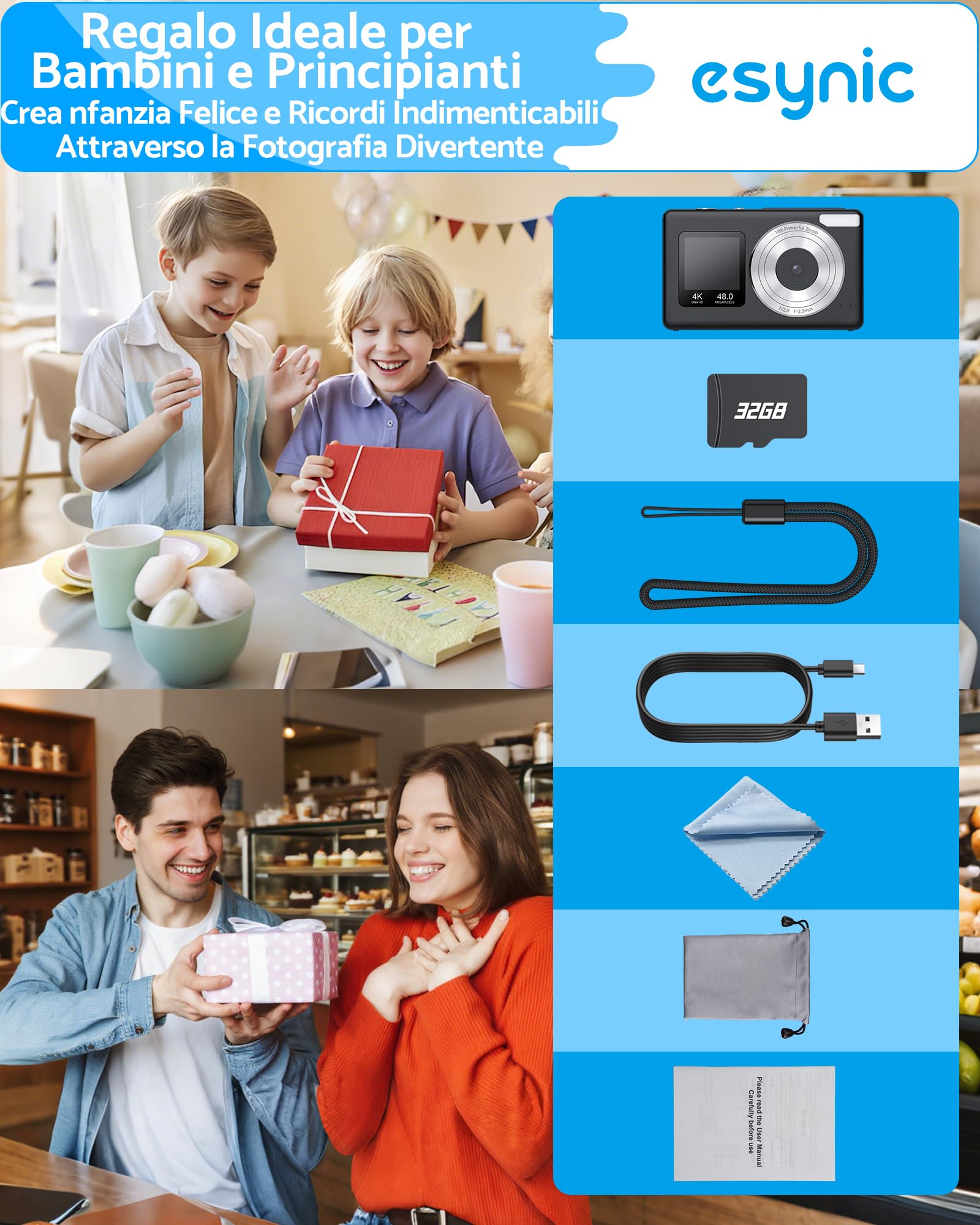 eSynic Fotocamera Digitale Compatta 4K 48MP, Doppio Schermo LCD 2.4''+1.3'' per Bambini, Zoom Digitale 18X, Luce Supplementare, Include SD 32GB, Macchina Fotografica Ricaricabile, Ideale Regalo - Nero