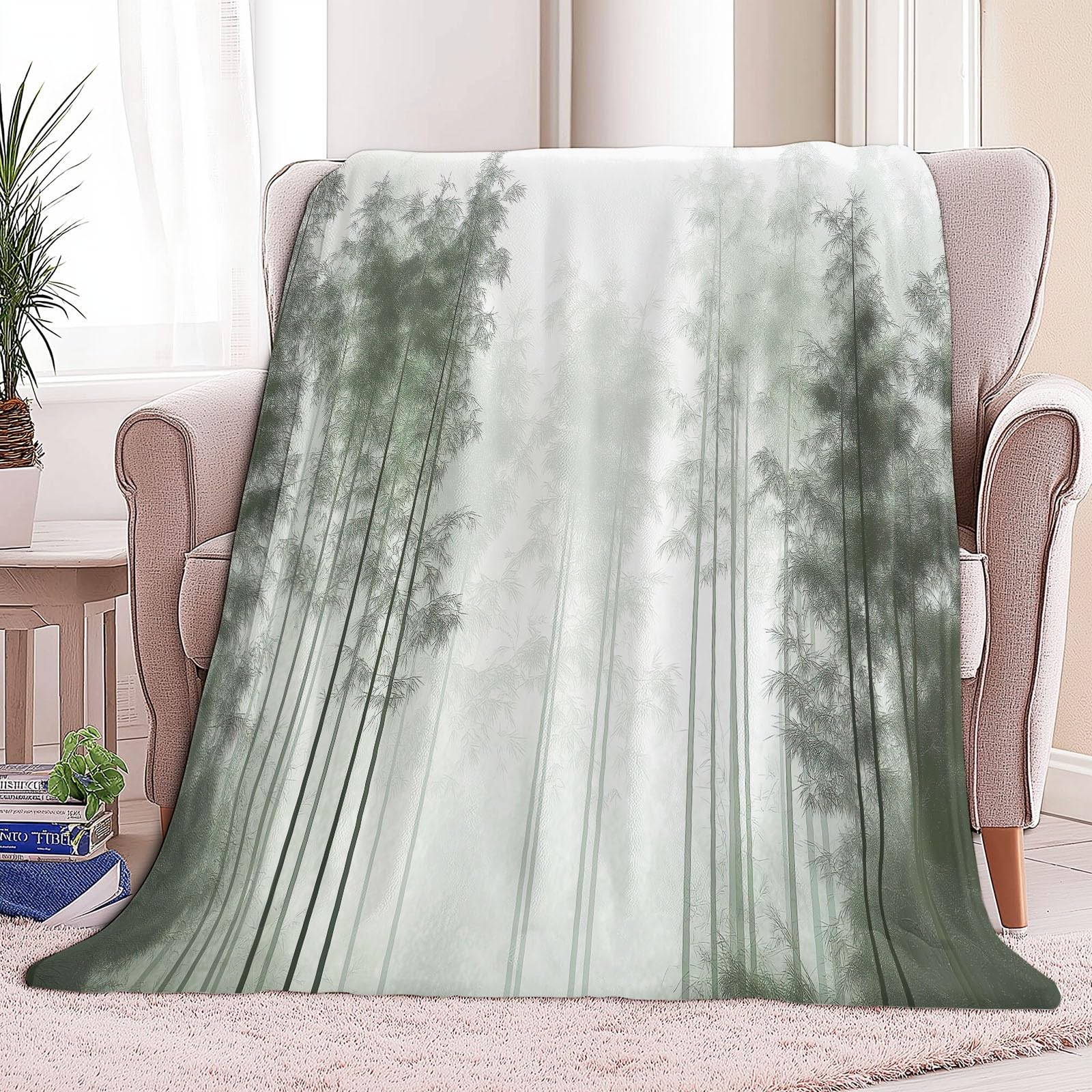 Générique Koc w kratę Bambusowy Las Tusz Malarski 180 x 220 cm Flanelowa mikrofibra Koc polarowy, Jasnozielony Puszysty Ciepły Lekki Koce do Podróżowania, Łóżko lub Sofa