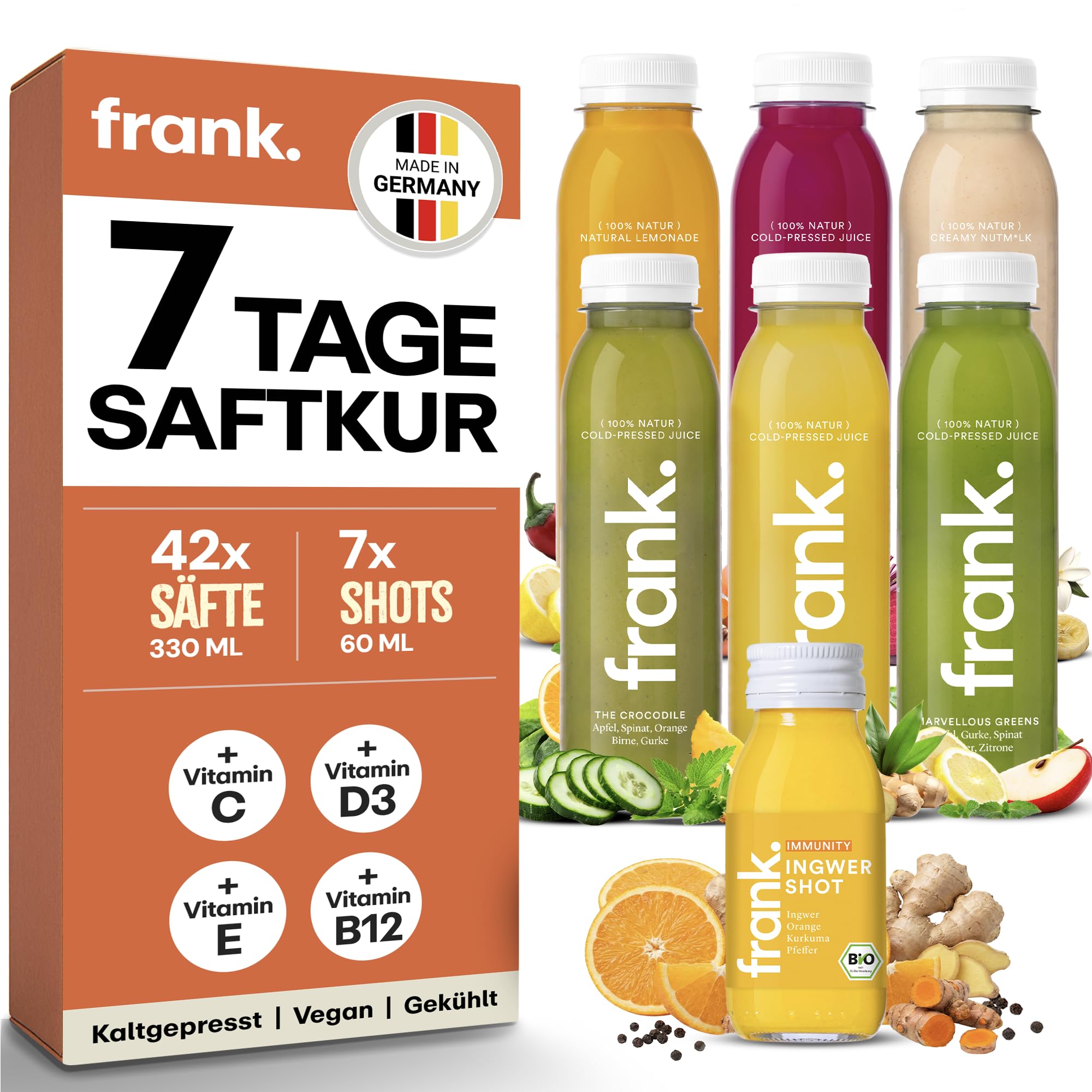 Frank Juice Saftkur 7 Tage | 42 x 330ml Säfte + 7 x 60ml Bio Ingwer shot | Direktsaft kaltgepresst Vegan | ideale Fastenkur aus frischem Obst & Gemüse | Premium Qualität (inkl. 10,50€ Einweg-Pfand)