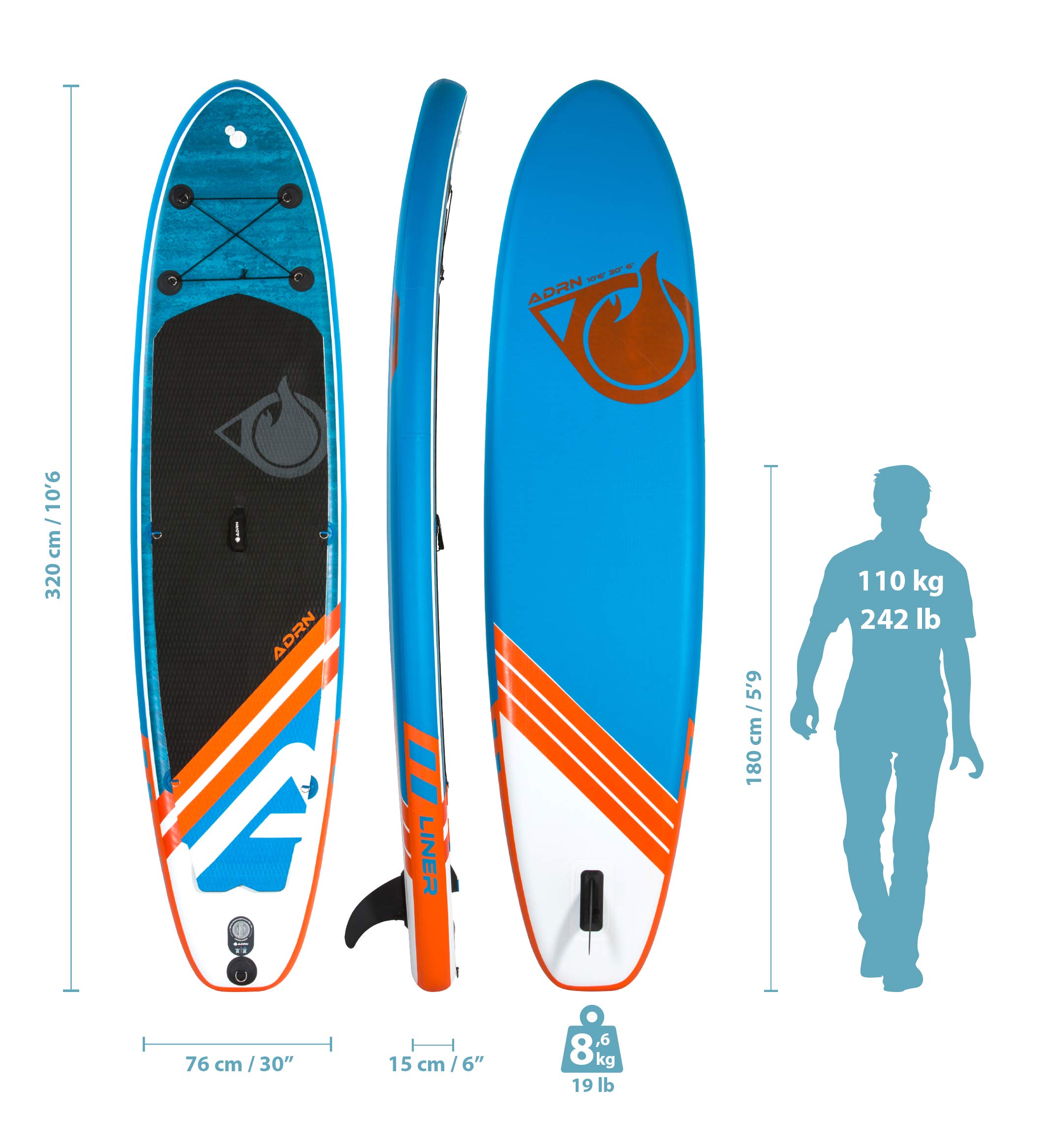 ADRN Paddle Gonflable SUP – Choix 10’ (305cm), 10’6 (320cm), 10’8 (325cm) – Kit Pompe, Pagaie, Leash, Dérive Et Sac De Transport (Noir/Blanc)